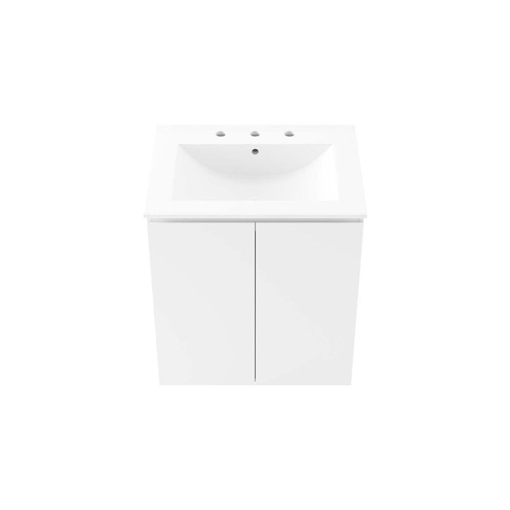 Pemberly Row 24″ Modern Wood/Ceramic Wall-Mount Bathroom Vanity in White