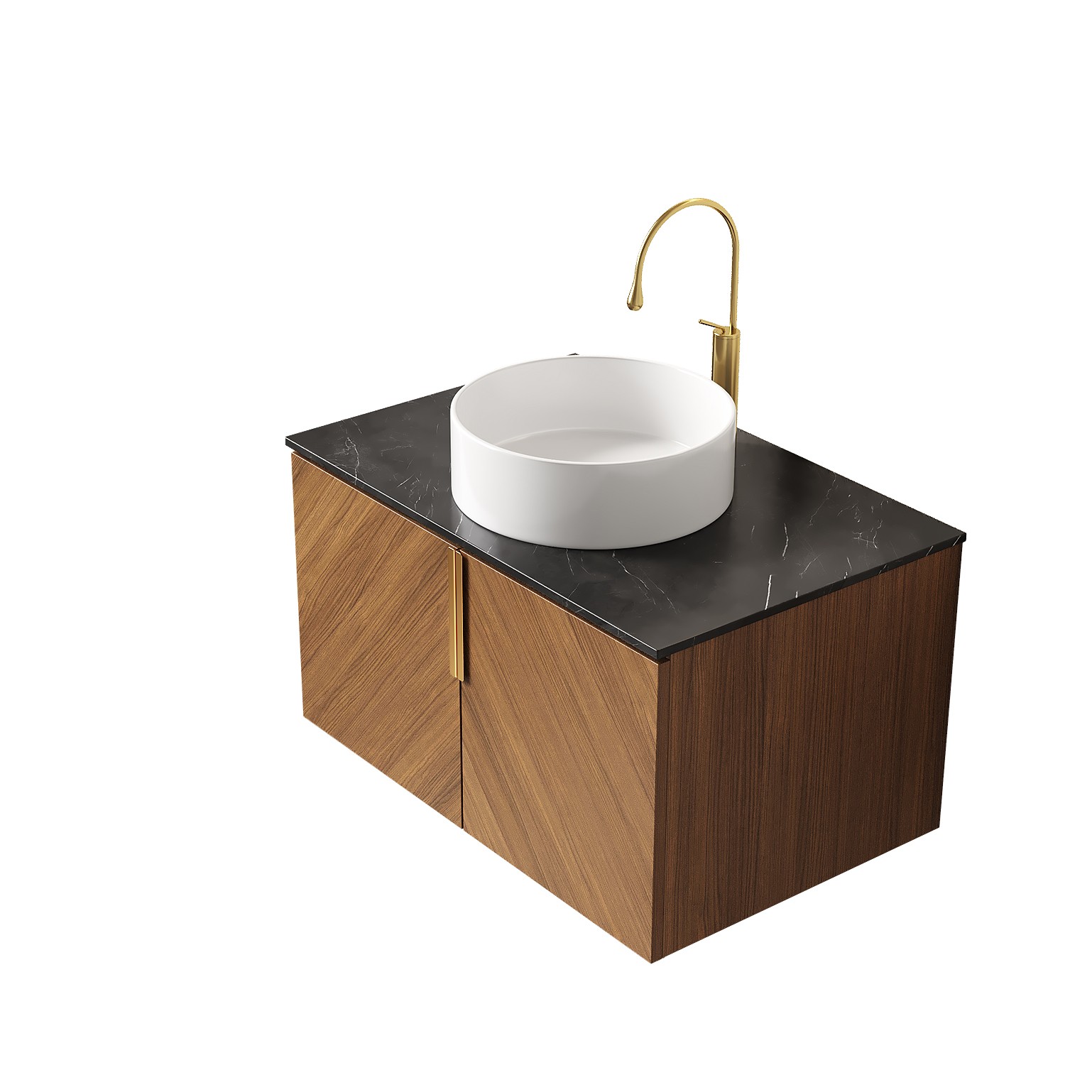 Double-door dressing table with sink, stone countertop and round ceramic basin