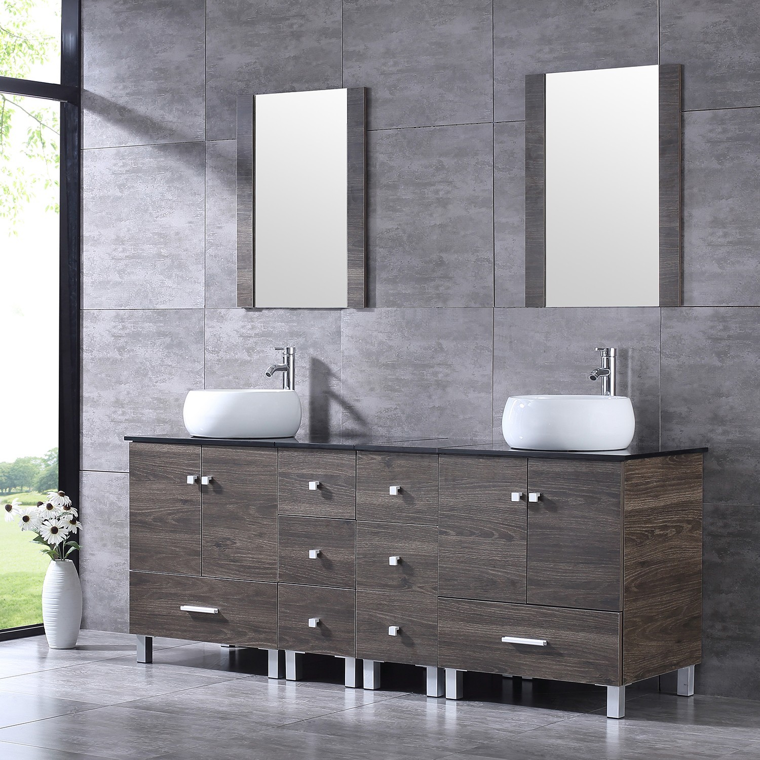 72″ Bathroom Vanity Free Standing Cabinet Ceramic Vessel Sink w/Mirror Faucet