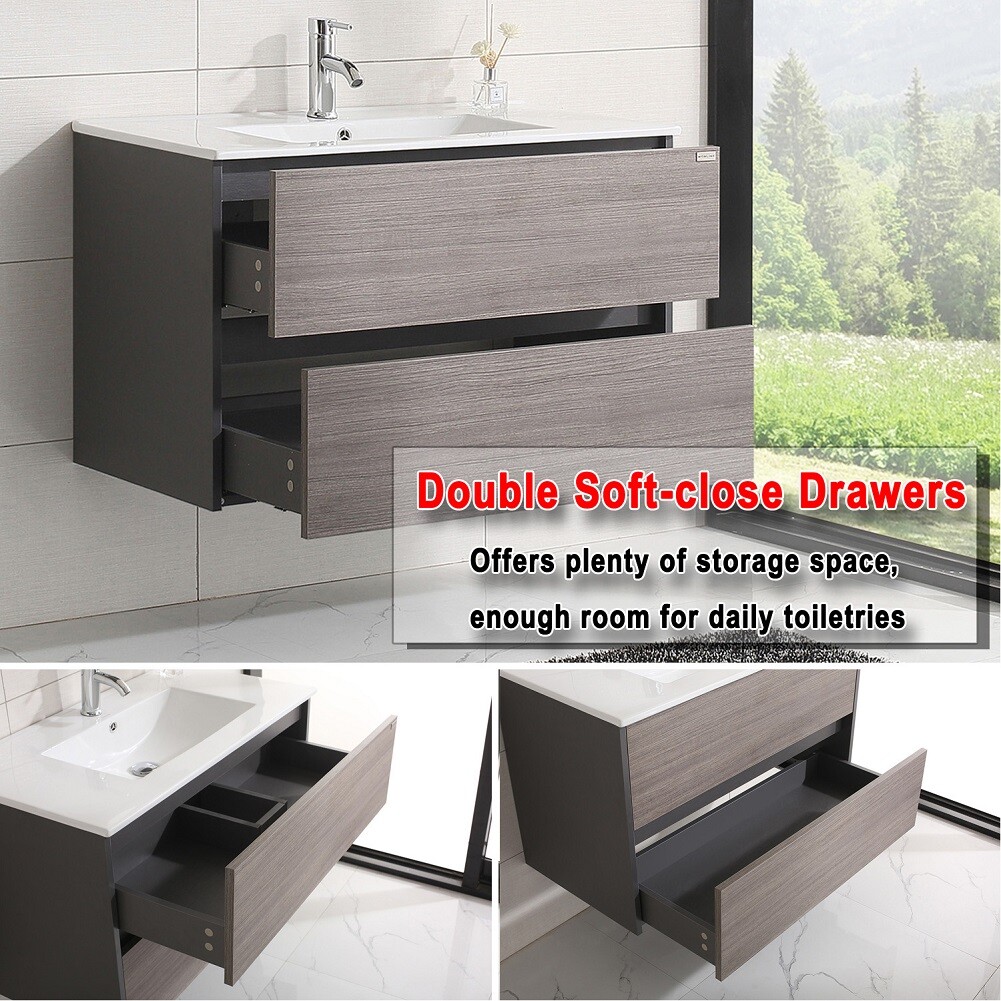 Wall-mount 36″ Bathroom Vanity Wood Cabinet w/ Resin Basin Sink & Mirror Combo