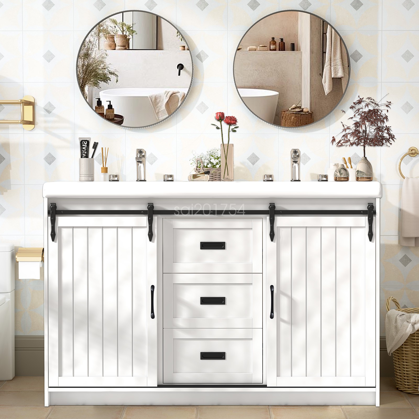 Bathroom Vanity Freestanding Ceramic Sink Cabinet With Doors and Drawers White