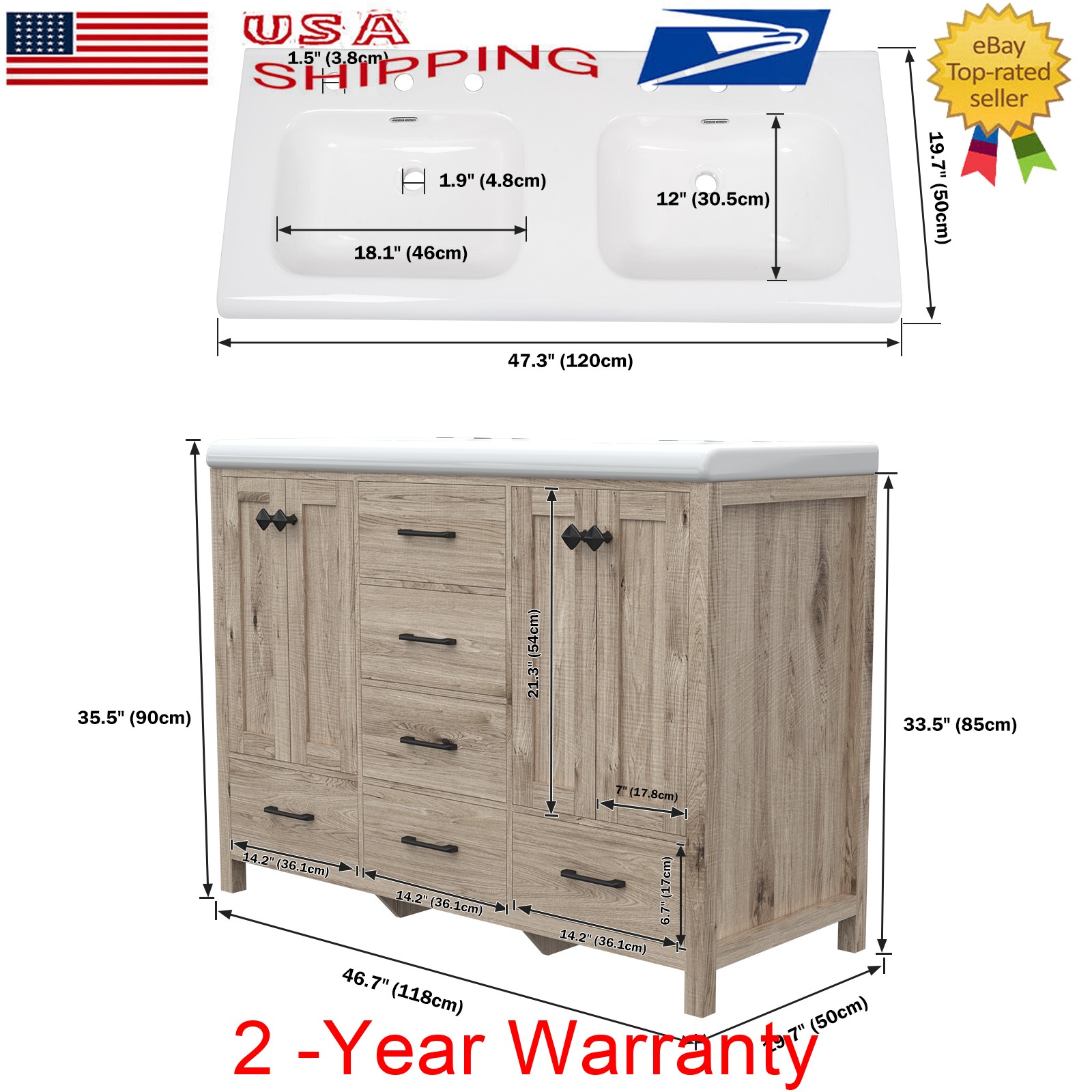 47.3″ Modern Freestanding Bathroom Vanity Unit Sink Combo Storage Cabinet Drawer