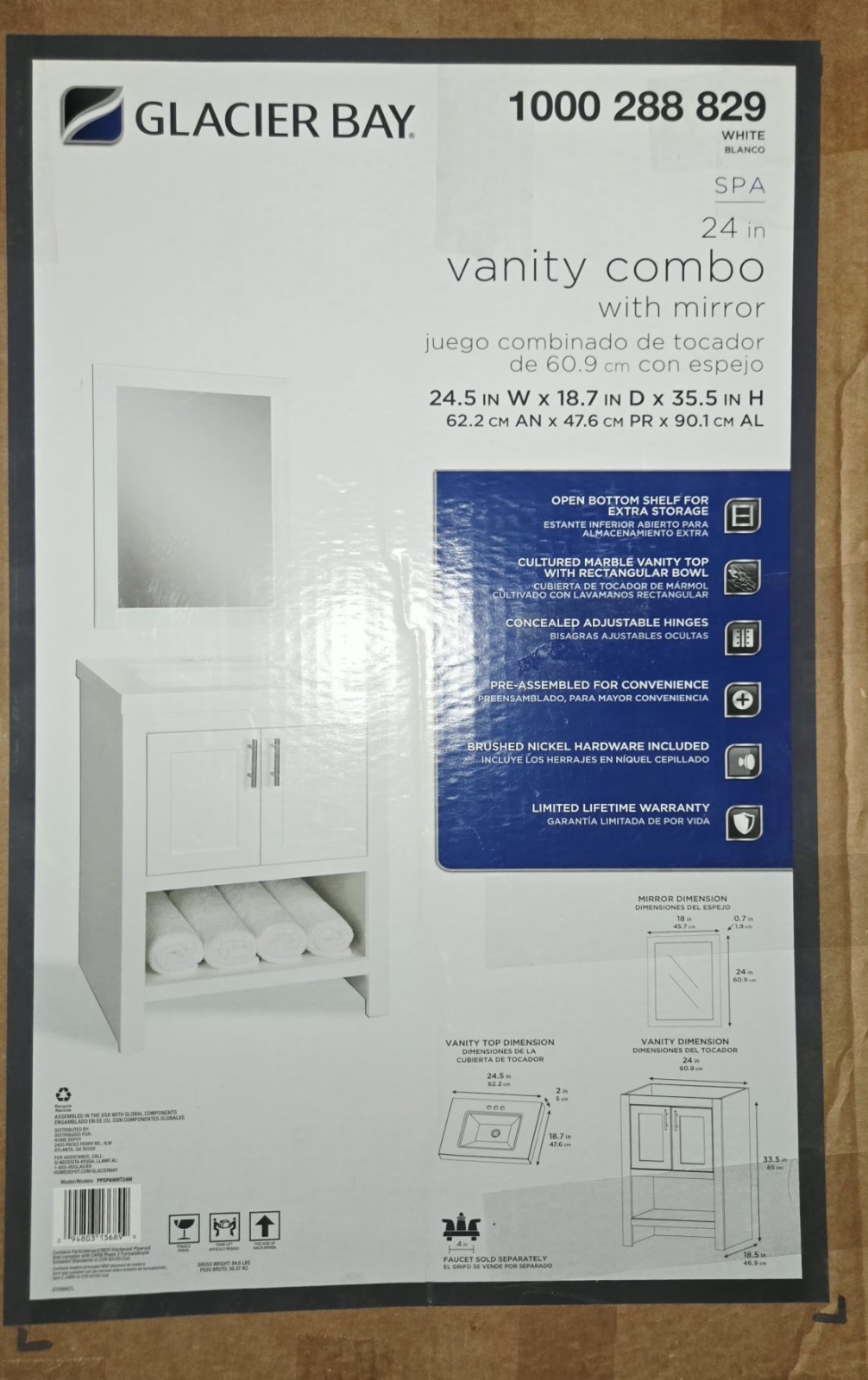 Glacier Bay SPA 24” Vanity Combo White With Mirror Bathroom Cabinets PICKUP ONLY