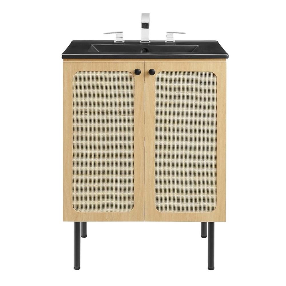 Modway Chaucer 24″ Wood & Rattan Bathroom Vanity in Oak/Black