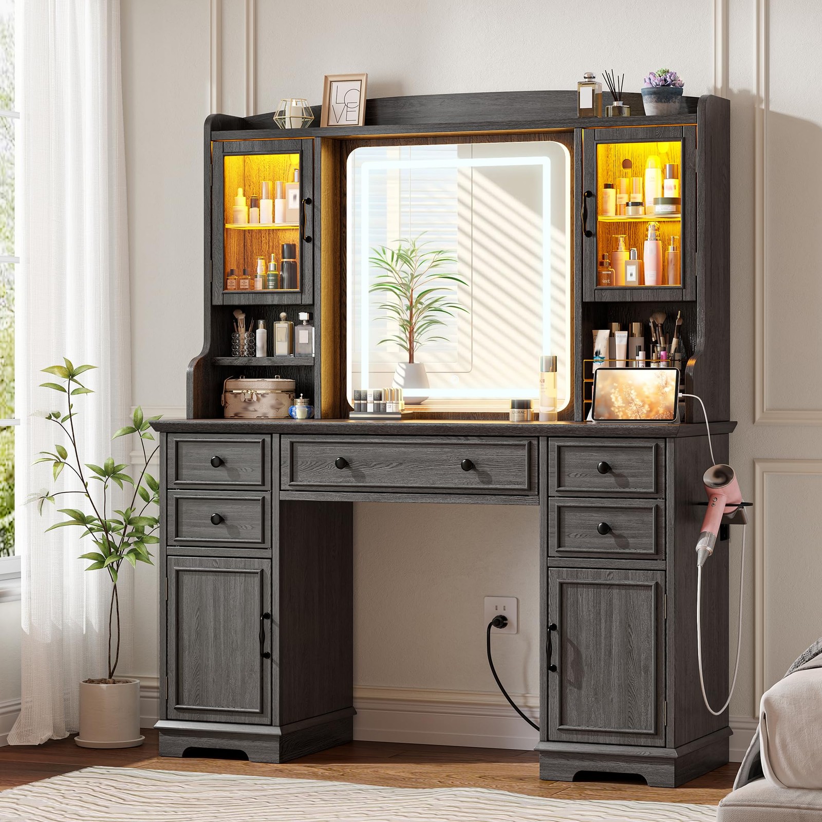Vanity Desk Mirror Lights 43in Black 5 Drawers 2 RGB Cabinets Adj LED Farmhouse