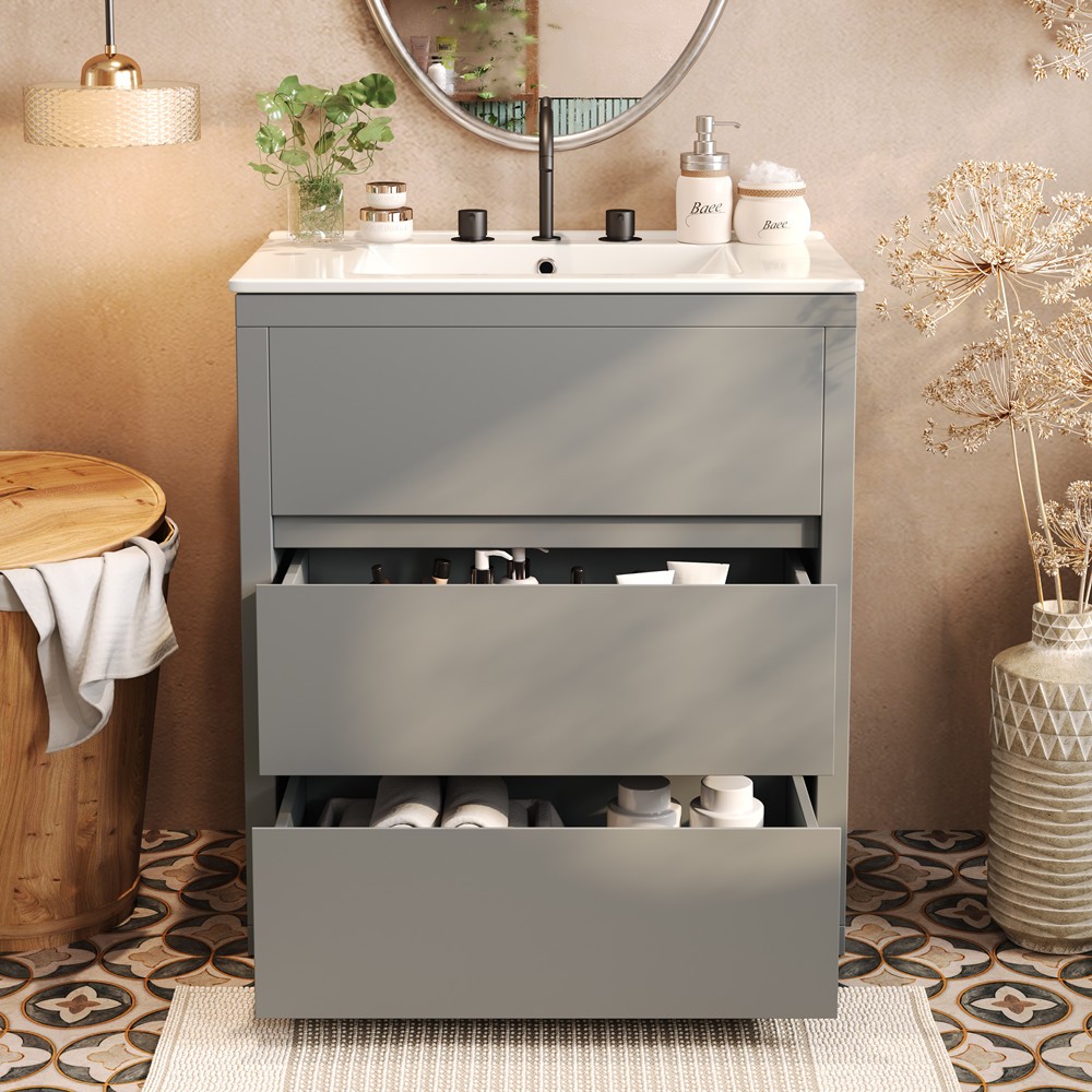 30″ Bathroom Vanity w/ Ceramic Sink, Freestanding Bath Vanity Cabinet, 2 Drawers