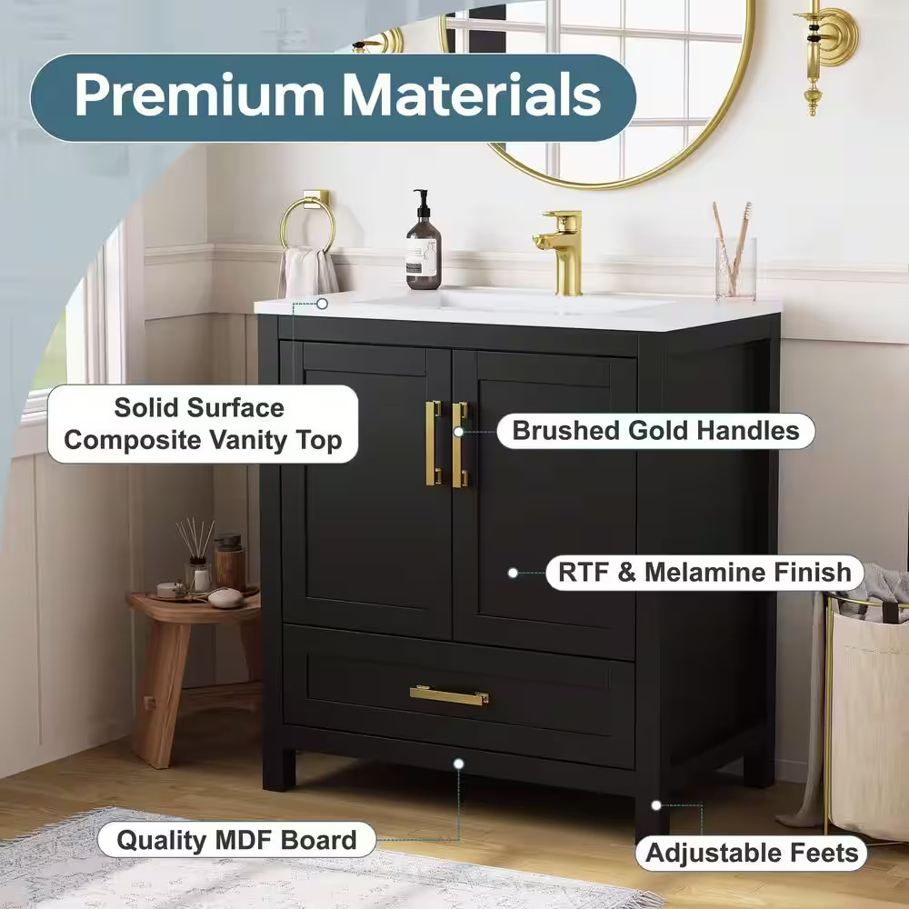 Raven 31 In.W Single Sink Black Freestanding Bath Vanity with White Engineered S