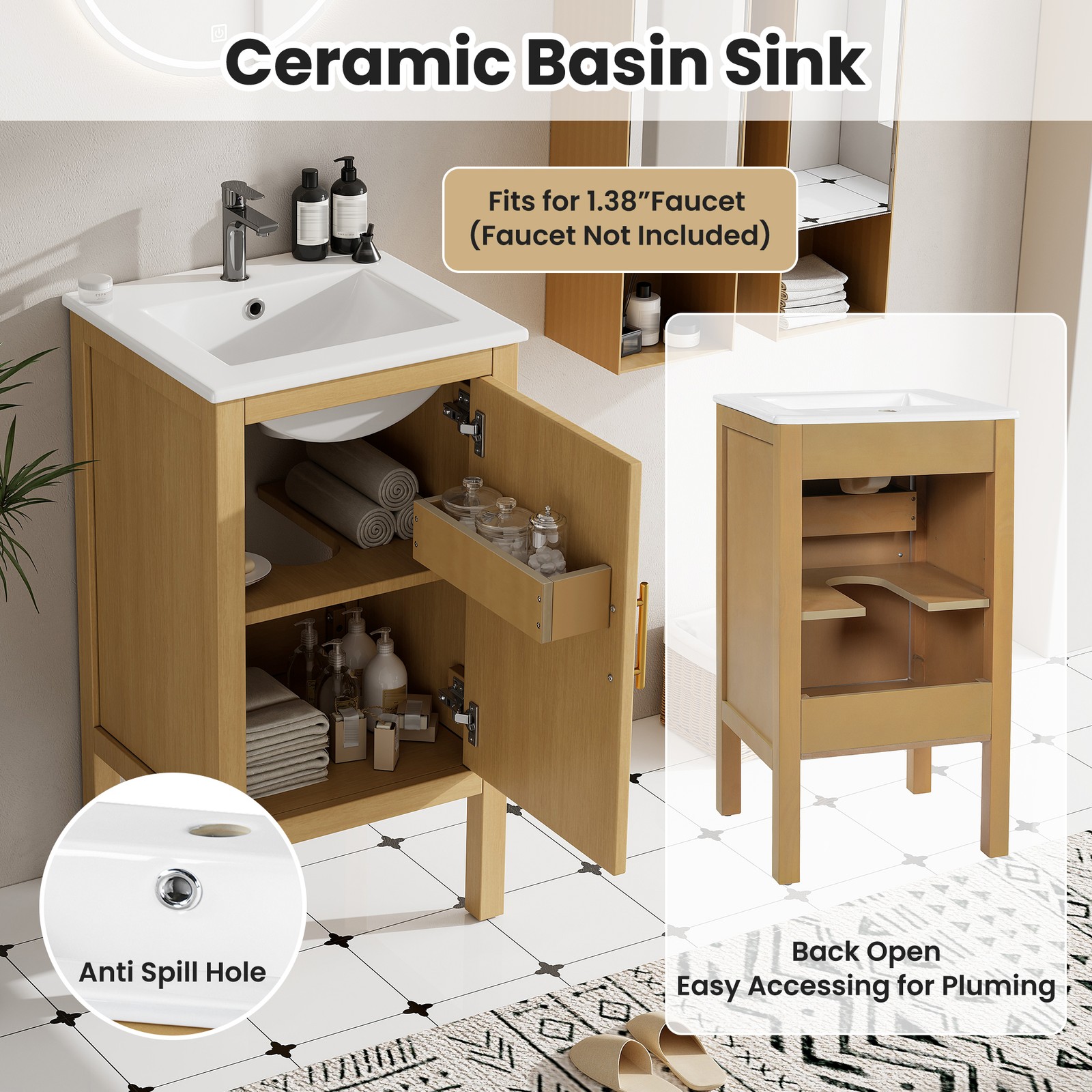 18″ Bathroom Vanity Cabinet with Ceramic Sink, Natural Wood