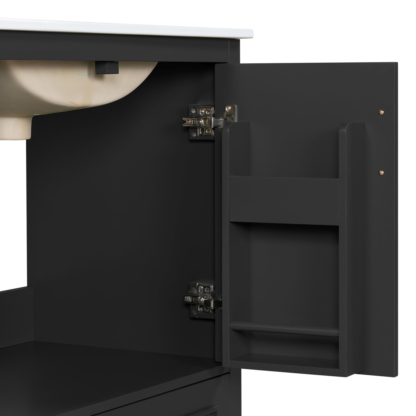 30″ Bathroom Vanity w/ Sink, Black, Soft-Close Doors & Drawer, Solid Wood+MDF
