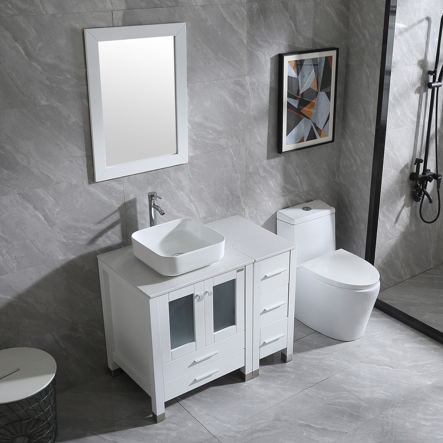 36″ inch Single Sink Bathroom Vanity Set w/Ceramic Vessel Sink Faucet & Mirror