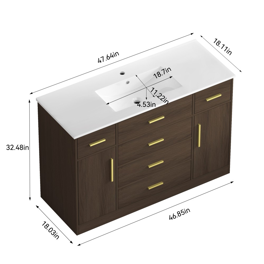 48″ Dark Brown Bathroom Vanity with Soft Close Doors and 6 Drawers