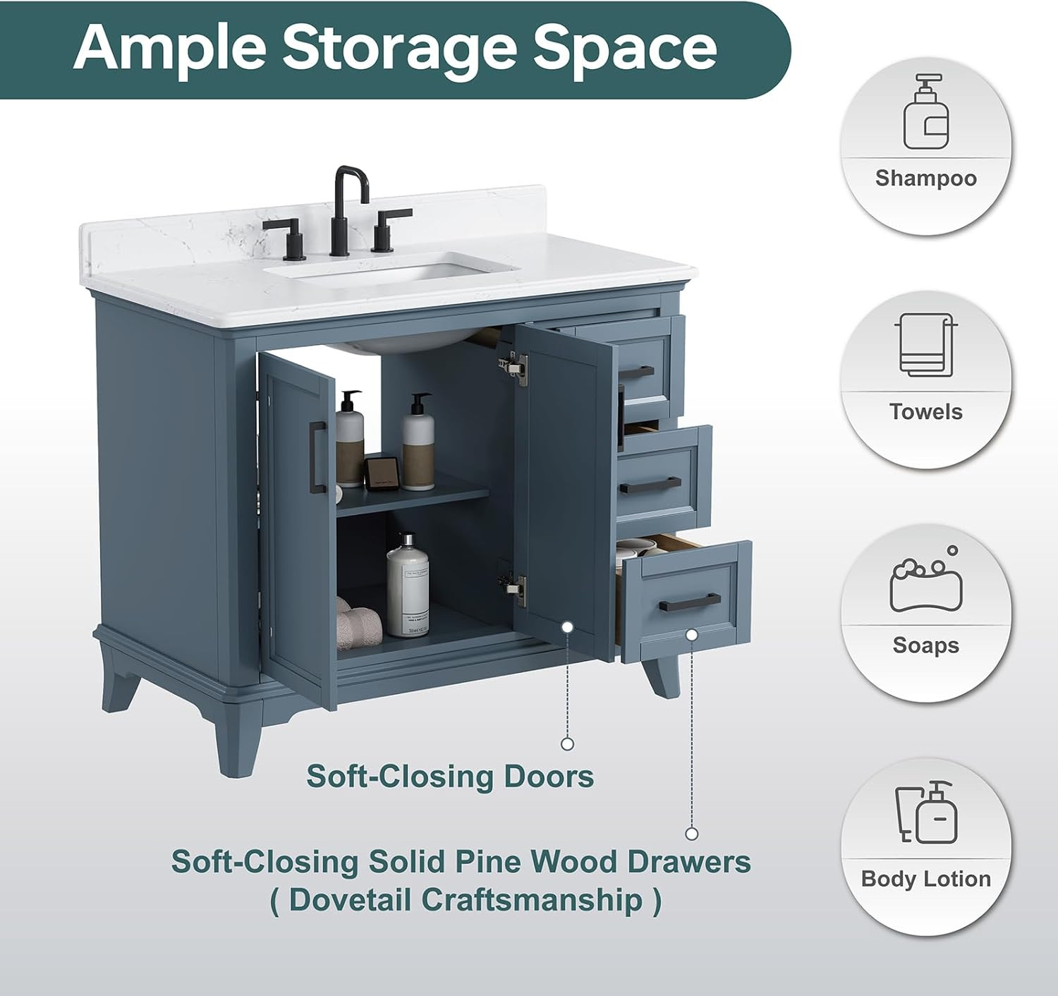 42″ Steel Blue Bathroom Vanity with Sink, Soft Close Doors & Quartz Top