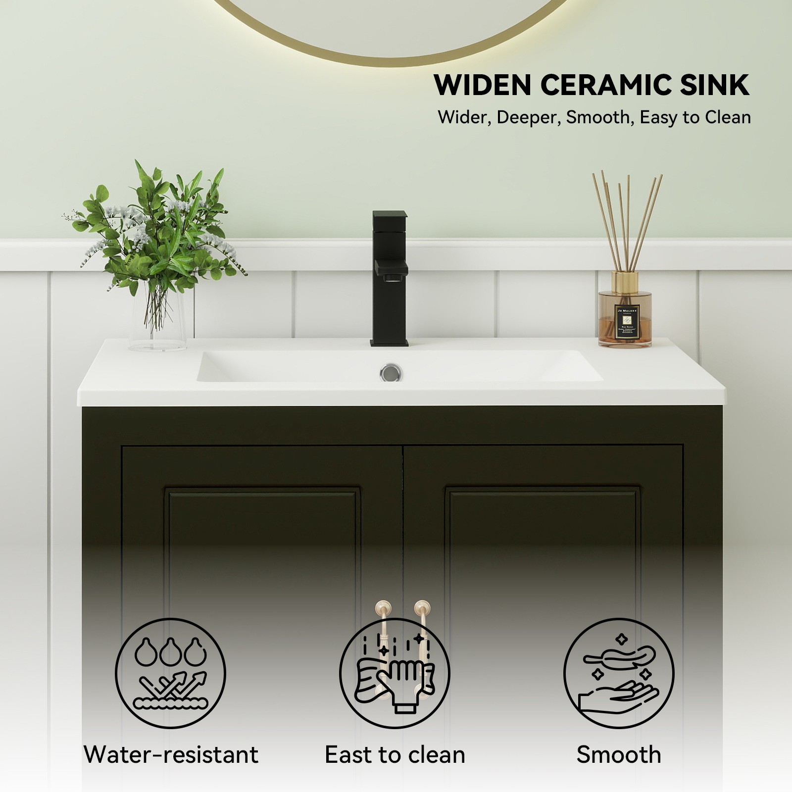 30″ Bathroom Vanity with Ceramic Sink Soft-Close 2 Doors 1 Drawer Faucet Modern