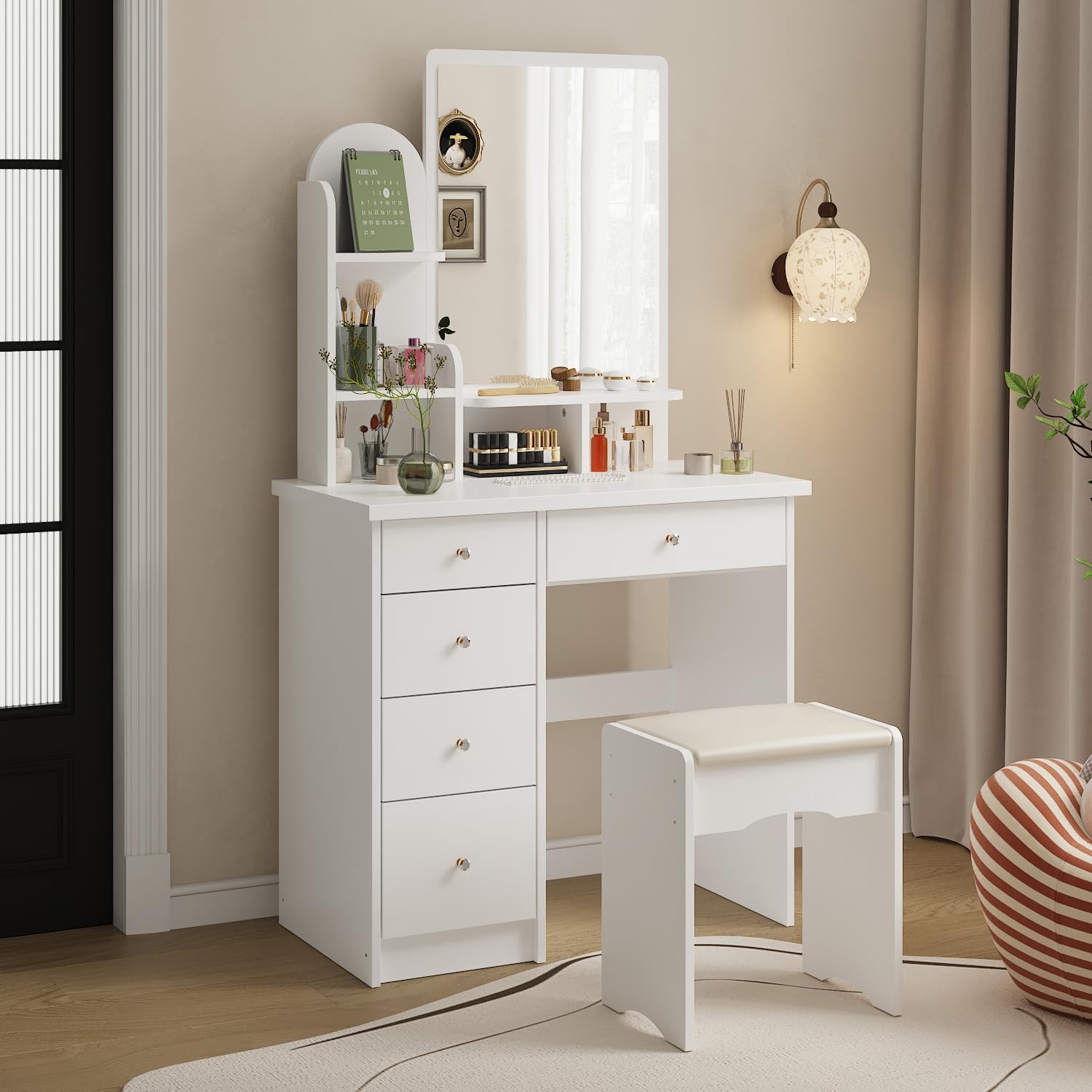 White Vanity Set with Mirror Dressing Table Desk Stool 5 Drawers Shelves