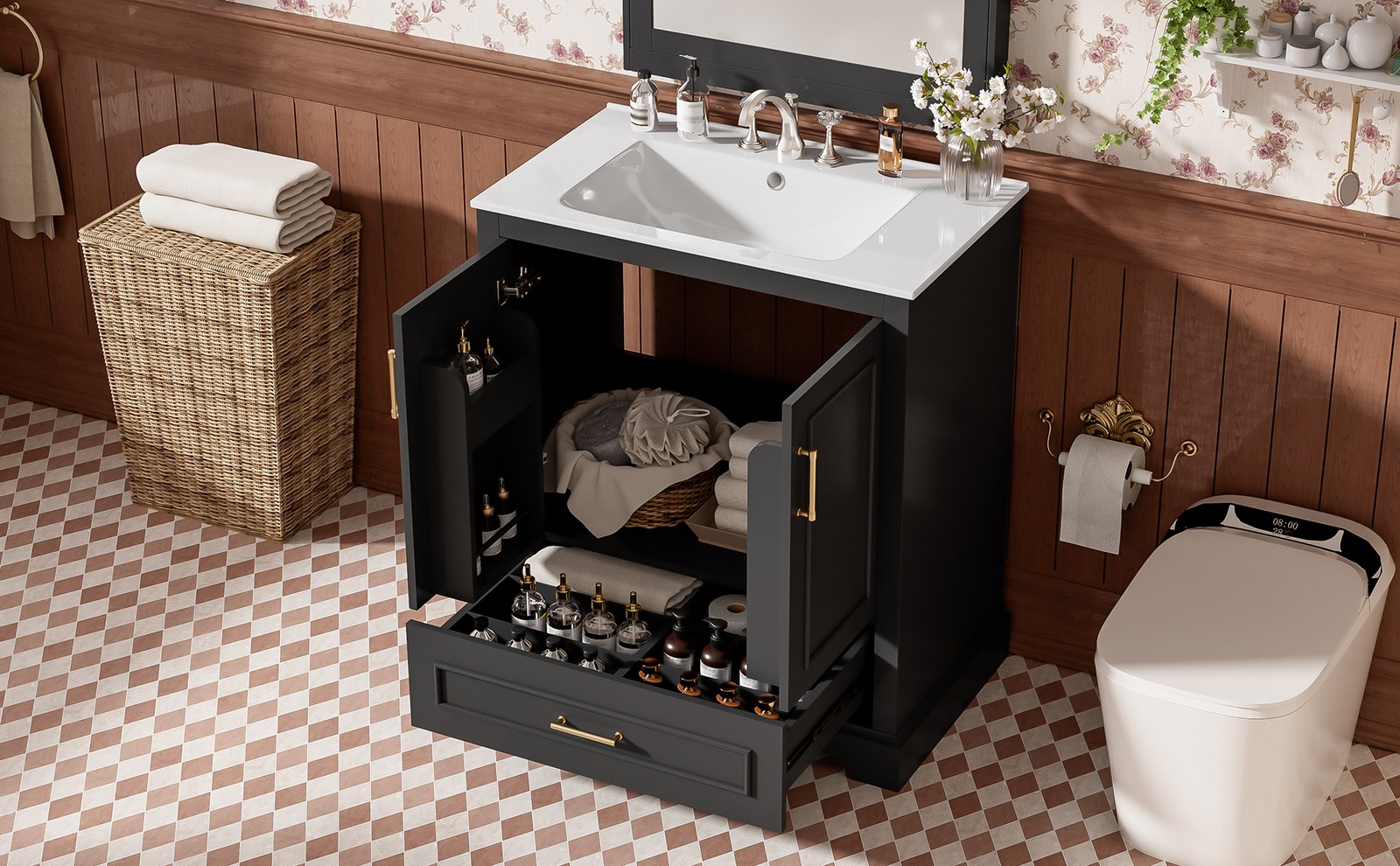 30″ Bathroom Vanity w/ Sink, Black, Soft-Close Doors & Drawer, Solid Wood+MDF