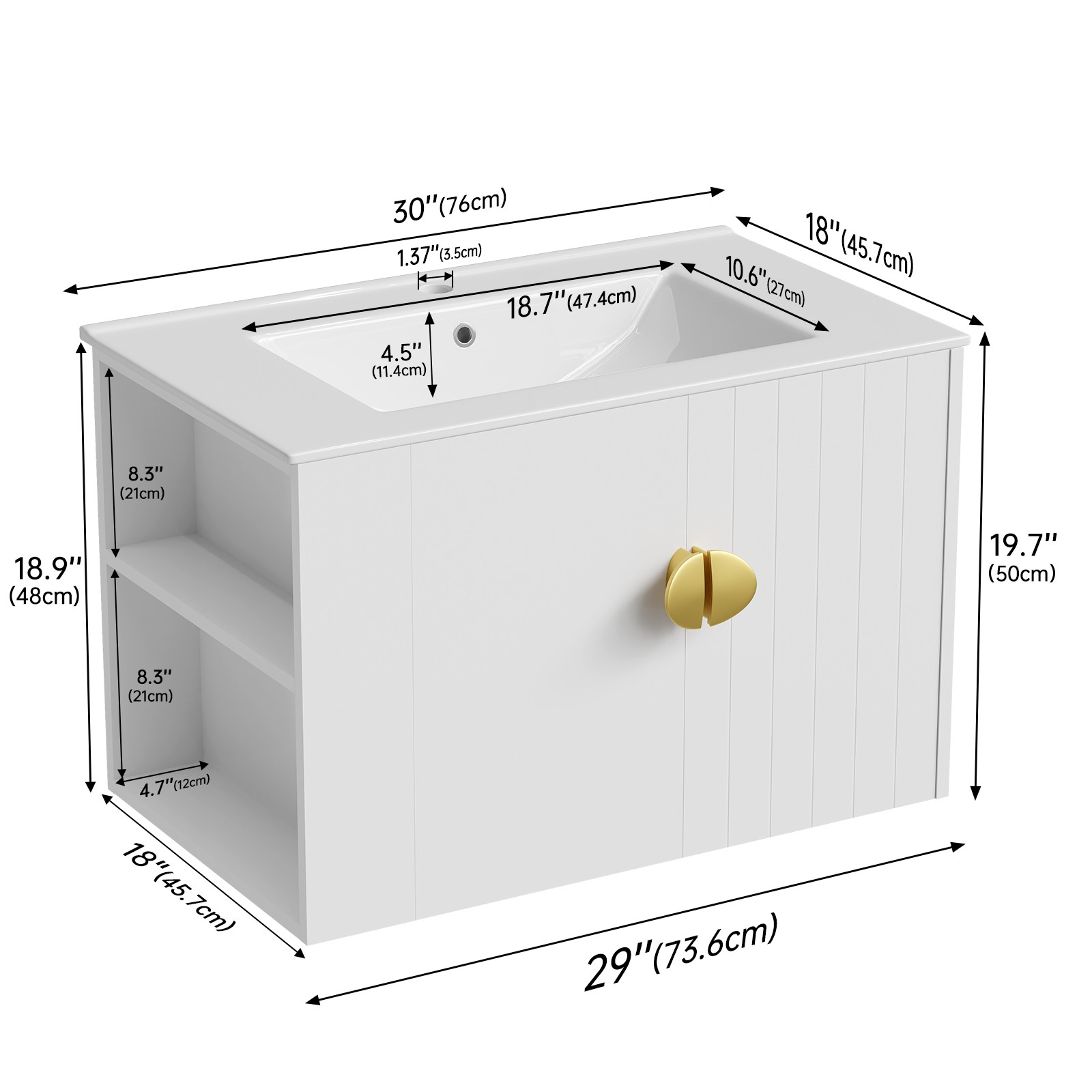 30″ White Bathroom Vanity Wall Mounted Cabinet with Ceramic Sink No Faucet