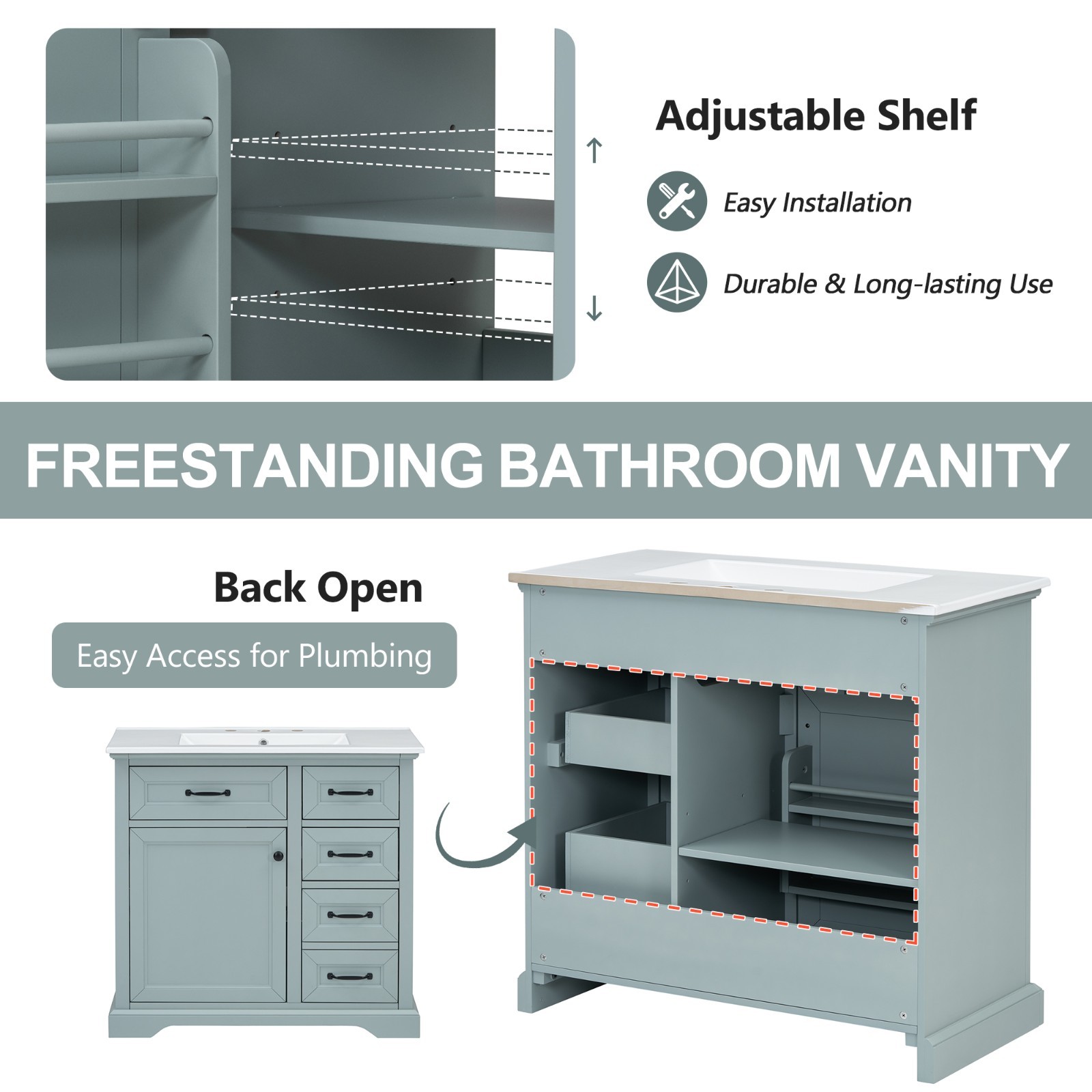 36″ Bathroom Vanity With Ceramic Sink Storage Drawers Doors 3 Faucet Holes
