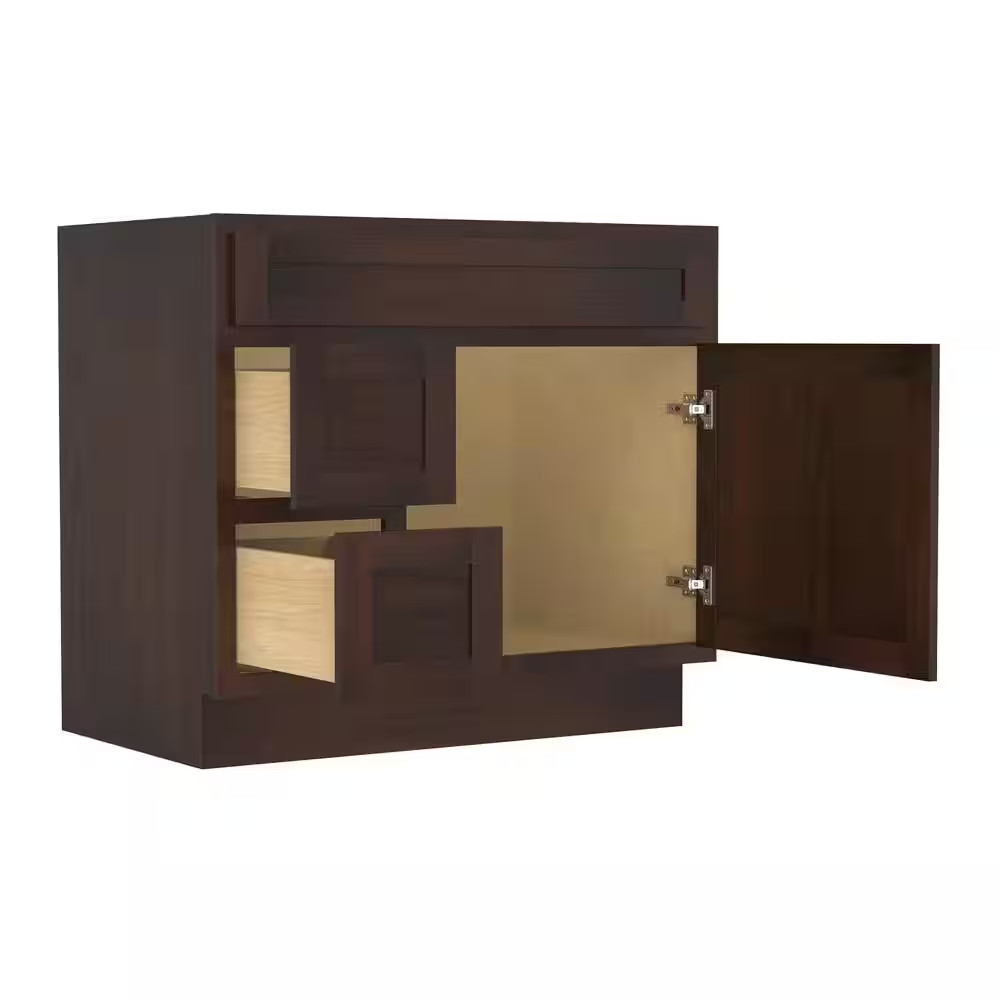 36 In. W X 21 In. D X 32.5 In. H 2-Left Drawers Bath Vanity Cabinet Only in Brow