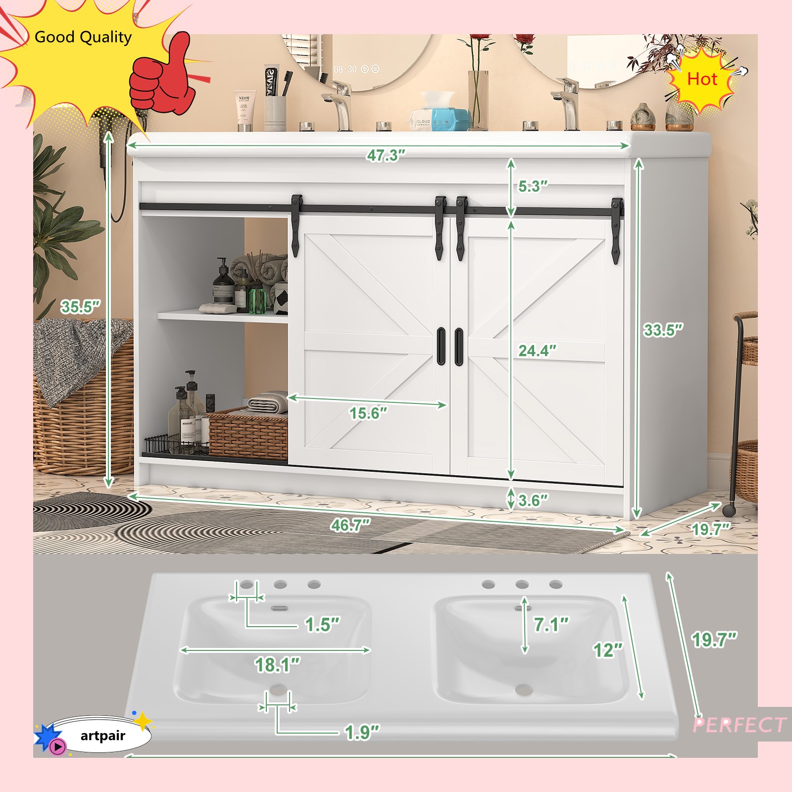 Large Vanity Cabinet Double Bathroom Top Ceramic Sink Countertop without Faucet