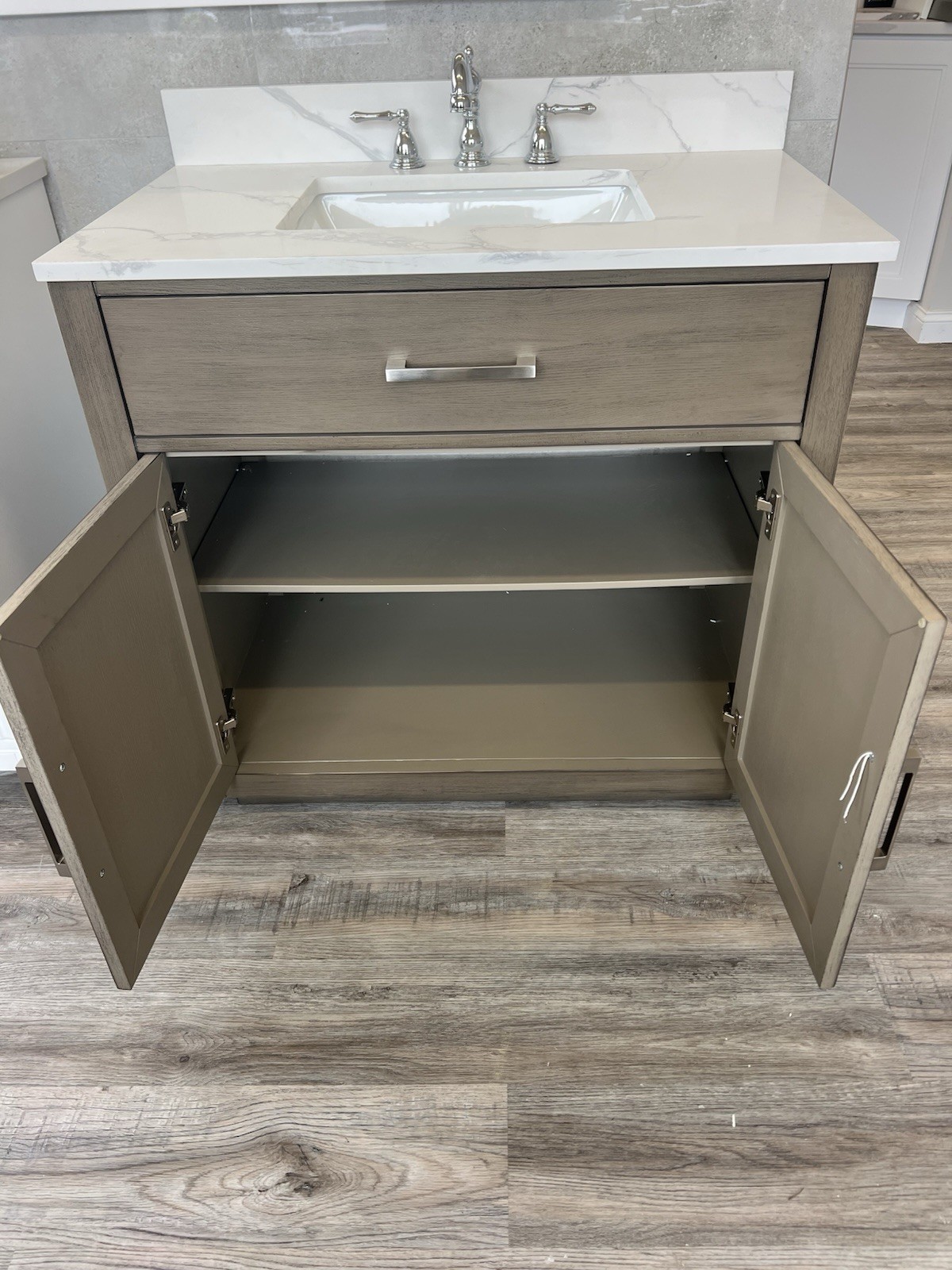 floor model Sale! 36” Gray Oak Bathroom Vanity With Quartz Top & Backsplash