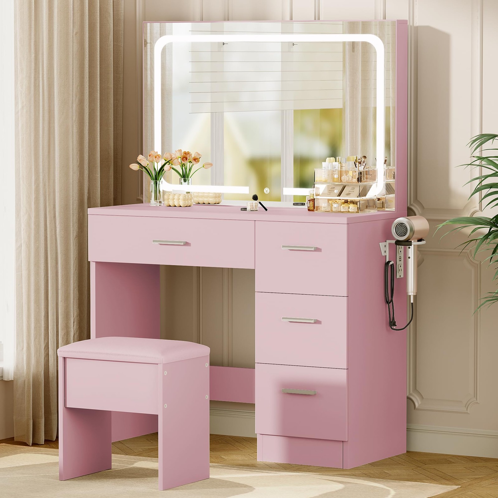 Vanity Set with Mirror Power Outlet Vanity Table Bedroom Pink