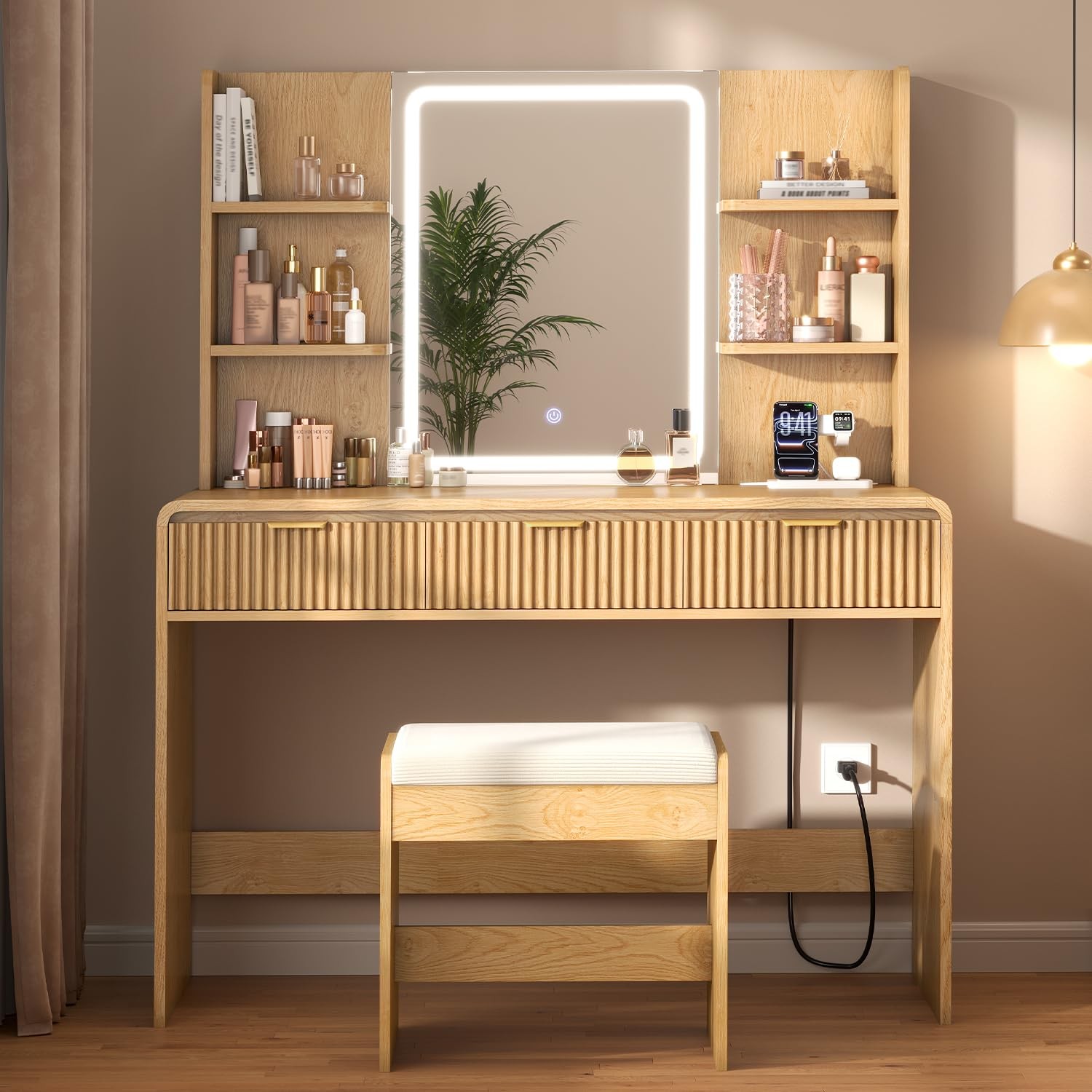 Fluted Vanity Desk with Mirror Light, Stool, Power Outlet Natural