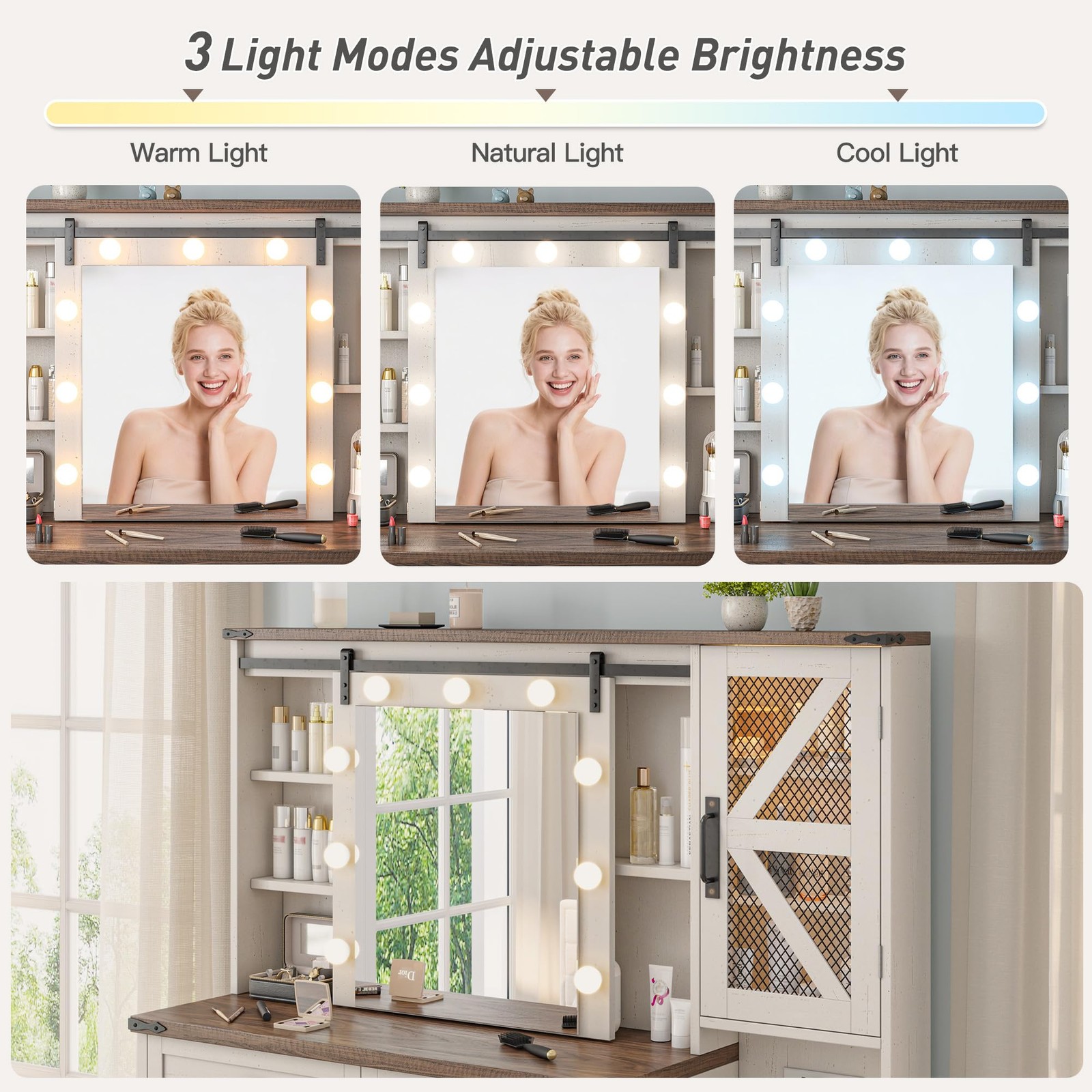 48W Vanity Desk Sliding Mirror 4 Drawers 2 Cabinets 3-Color Lights Antique White