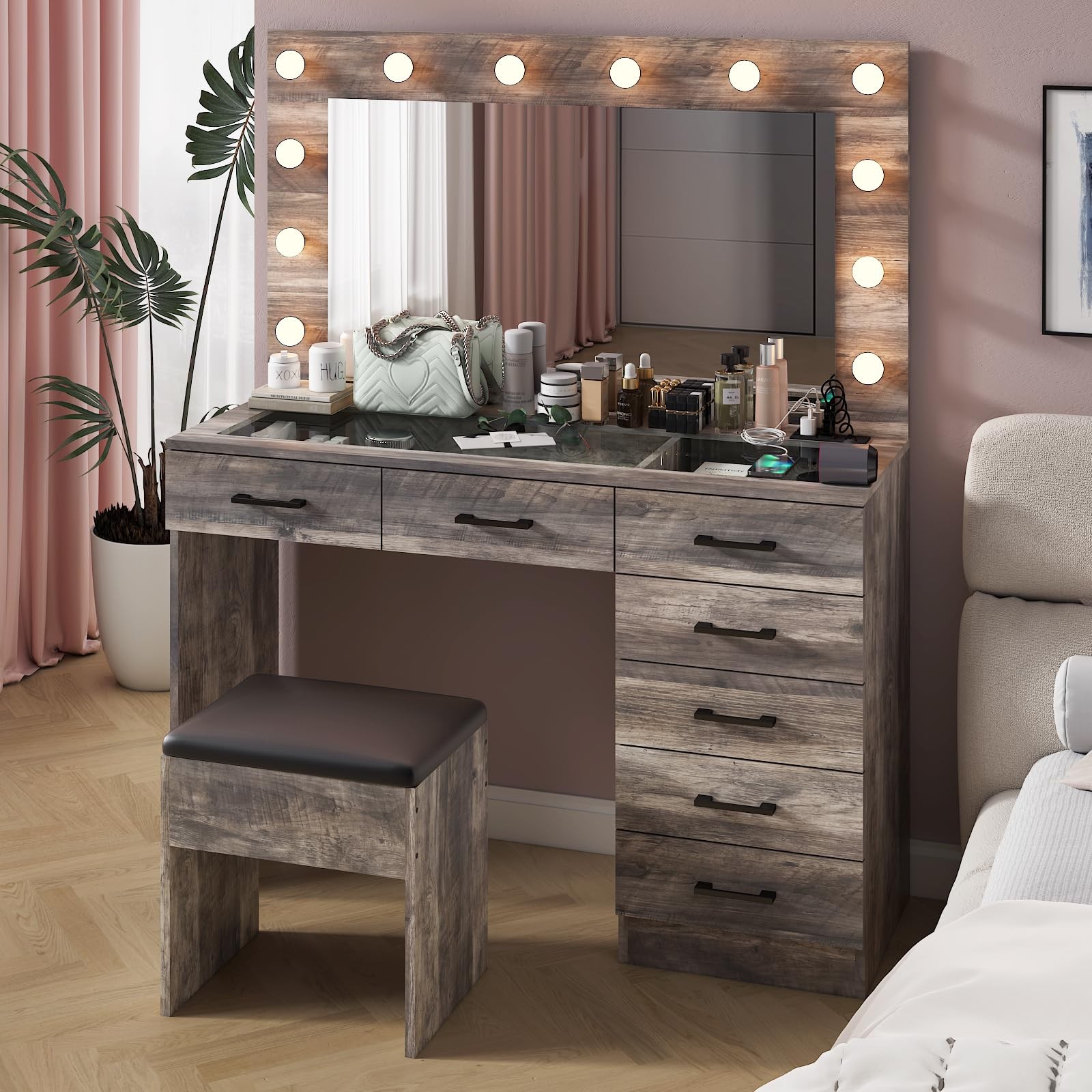 Vanity Desk Mirror 3 Color Lights Charging 7 Drawer Glass Top Stool Grey