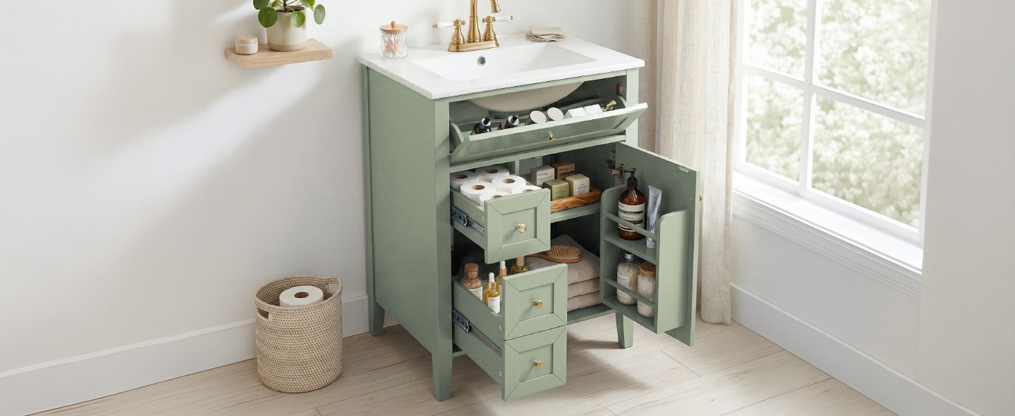 24″ Light Green Bathroom Vanity with Ceramic Sink and Storage Drawers