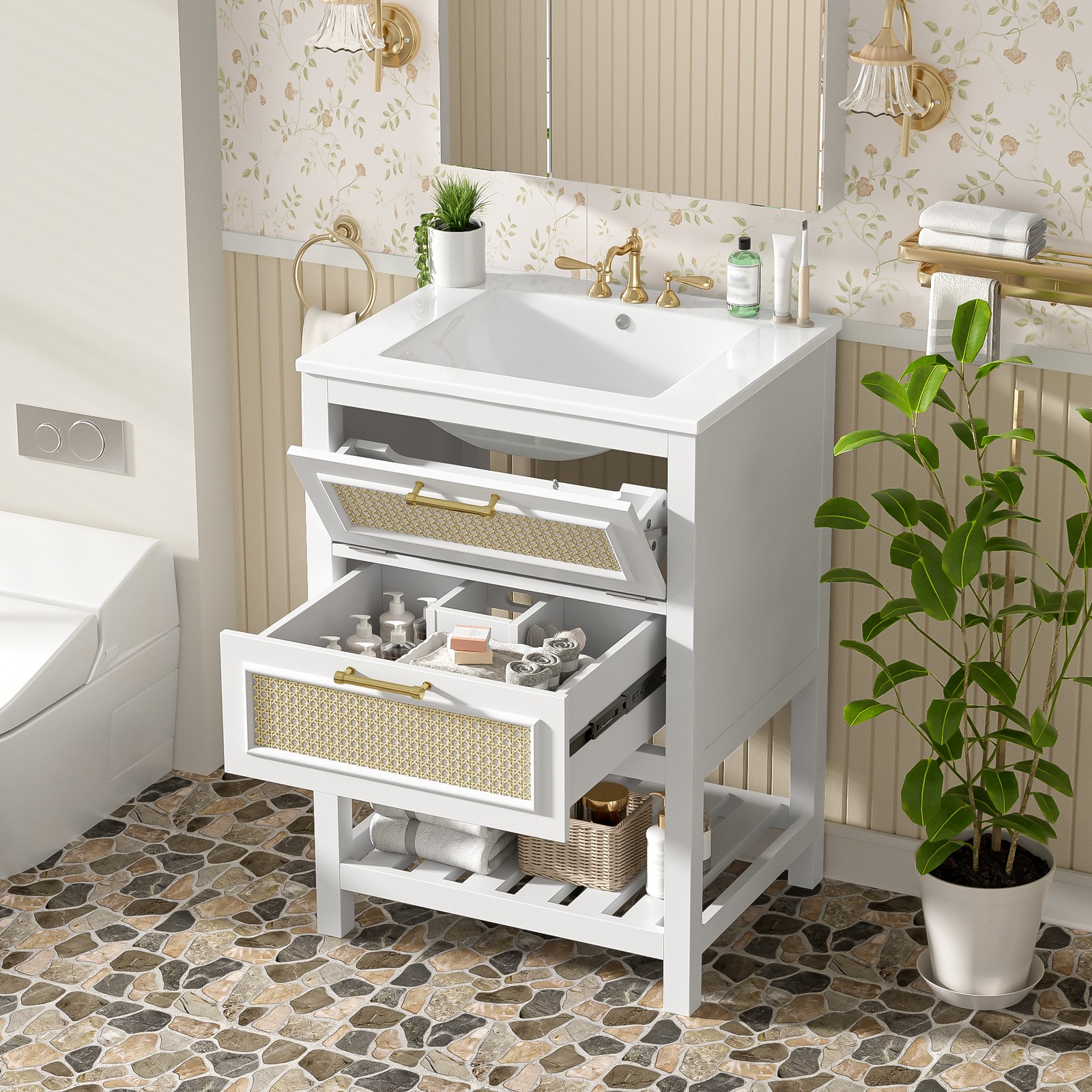 24″ White Bathroom Vanity with Ceramic Sink and 2 Drawers