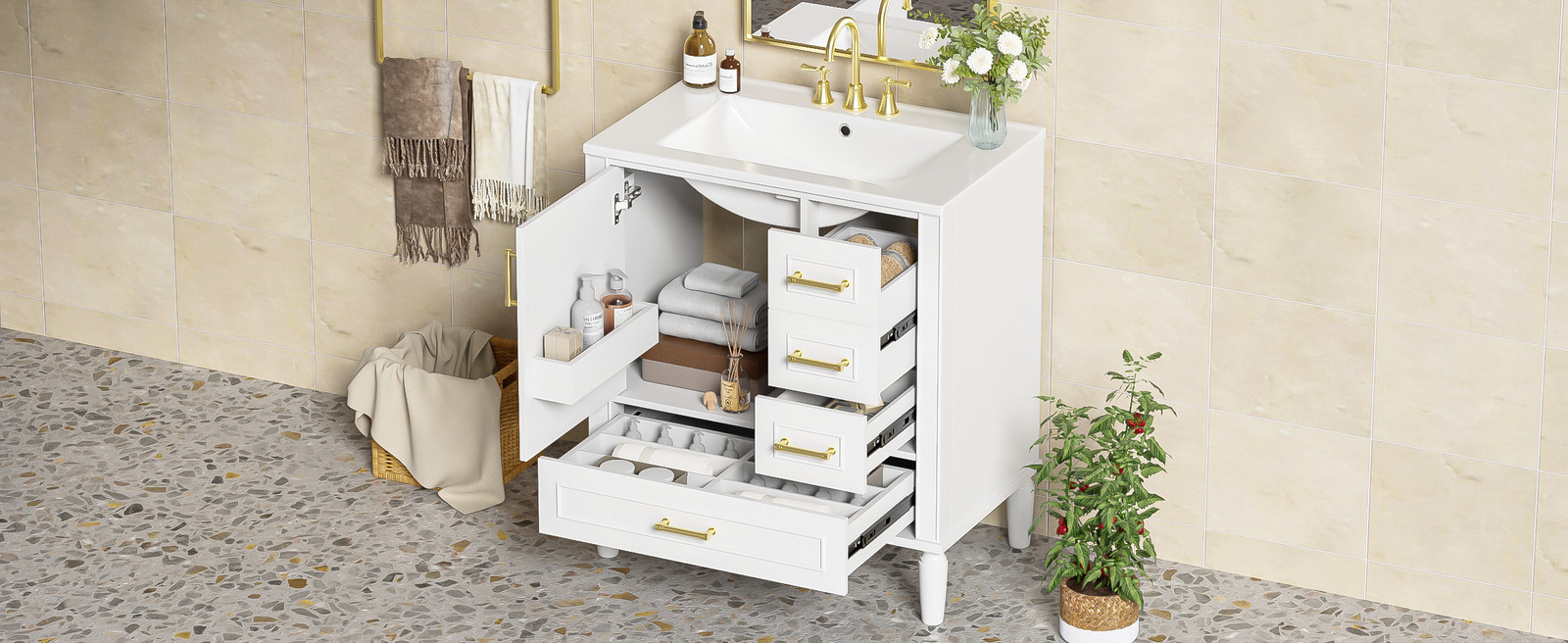 30″ Bathroom Vanity with Ceramic Sink, Soft-Close Door and Drawers, White