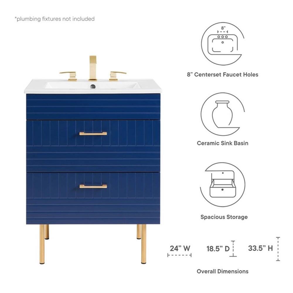 Modway Daybreak 24″ Modern Wood/Ceramic Bathroom Vanity with Gold Legs in Blue
