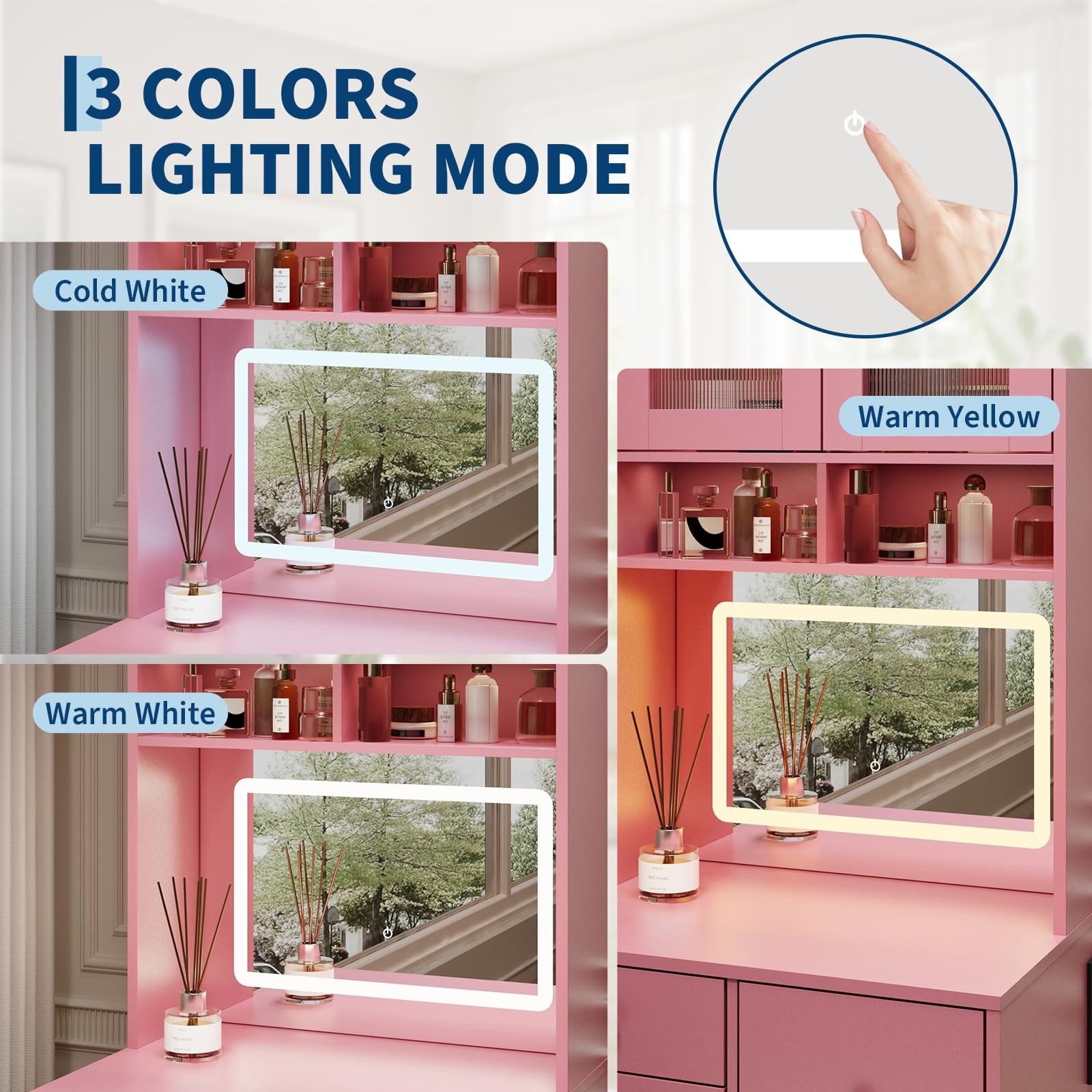 3-in-1 Vanity Desk 3-Color LED Mirror Charging Station Cabinet Drawers Stool