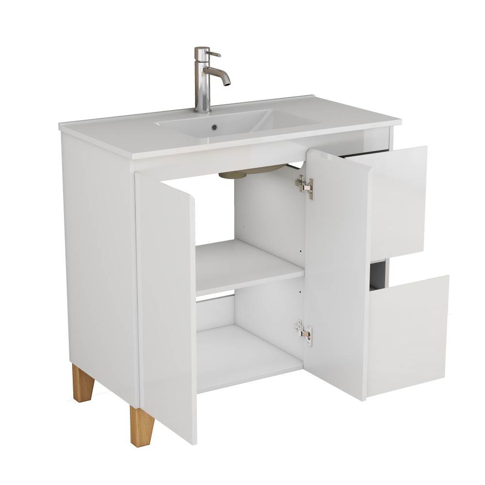 Bathroom cabinet with sink, double doors, and two drawers