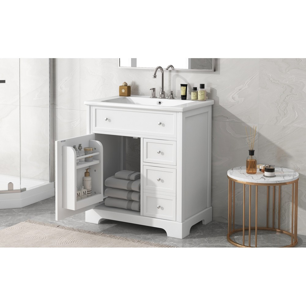 30 Inch White Bathroom Vanity with Ceramic Sink Top Solid Wood MDF Cabinet