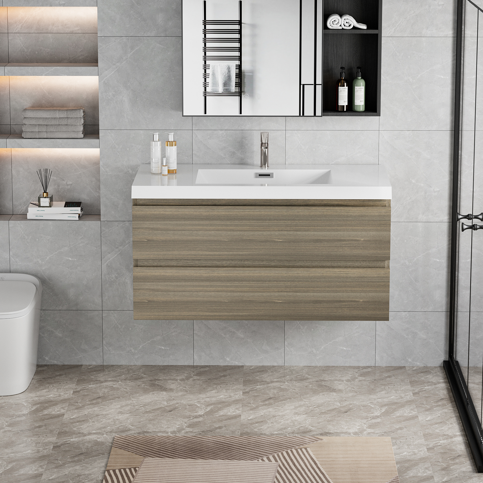 42″Floating Wall Mounted Bathroom Vanity Cabinet +Resin Basin Sink 2Drawers Gray