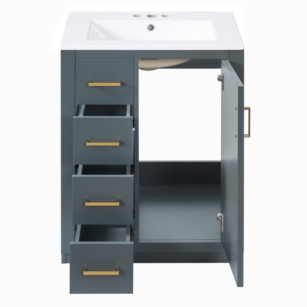 24 Inch Single Sink Bathroom Vanity Ceramic Top Drawers Storage Cabinet