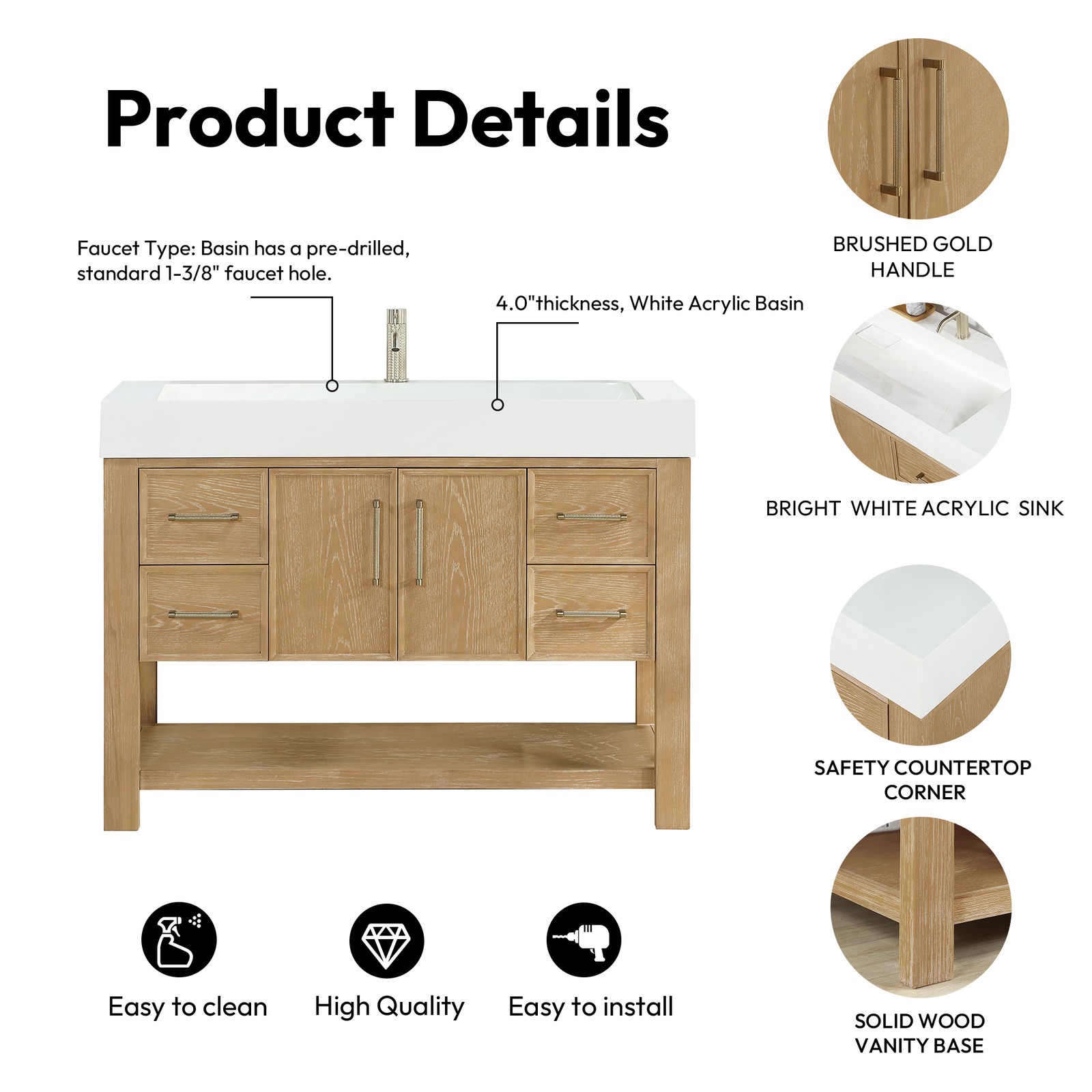 Vera 48″ Single Bath Vanity in Washed Ash Grey with White Integrated Stone Sink