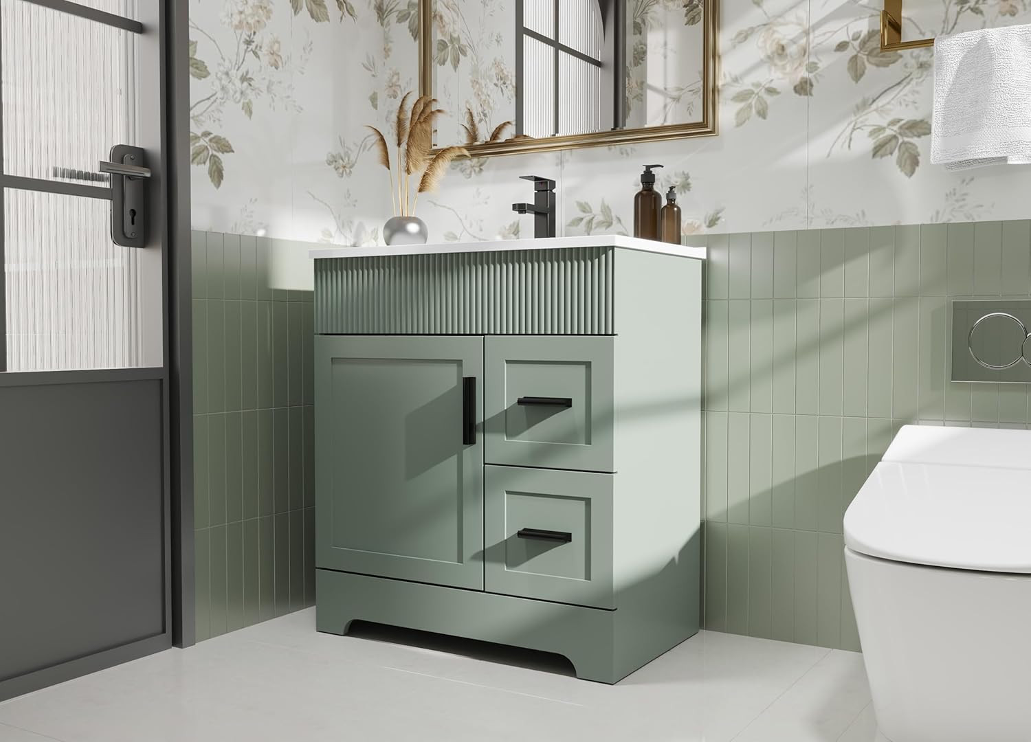 30″ Bathroom Vanities Sink Combo with Painted Surface, Modern Drawered Cabinet W