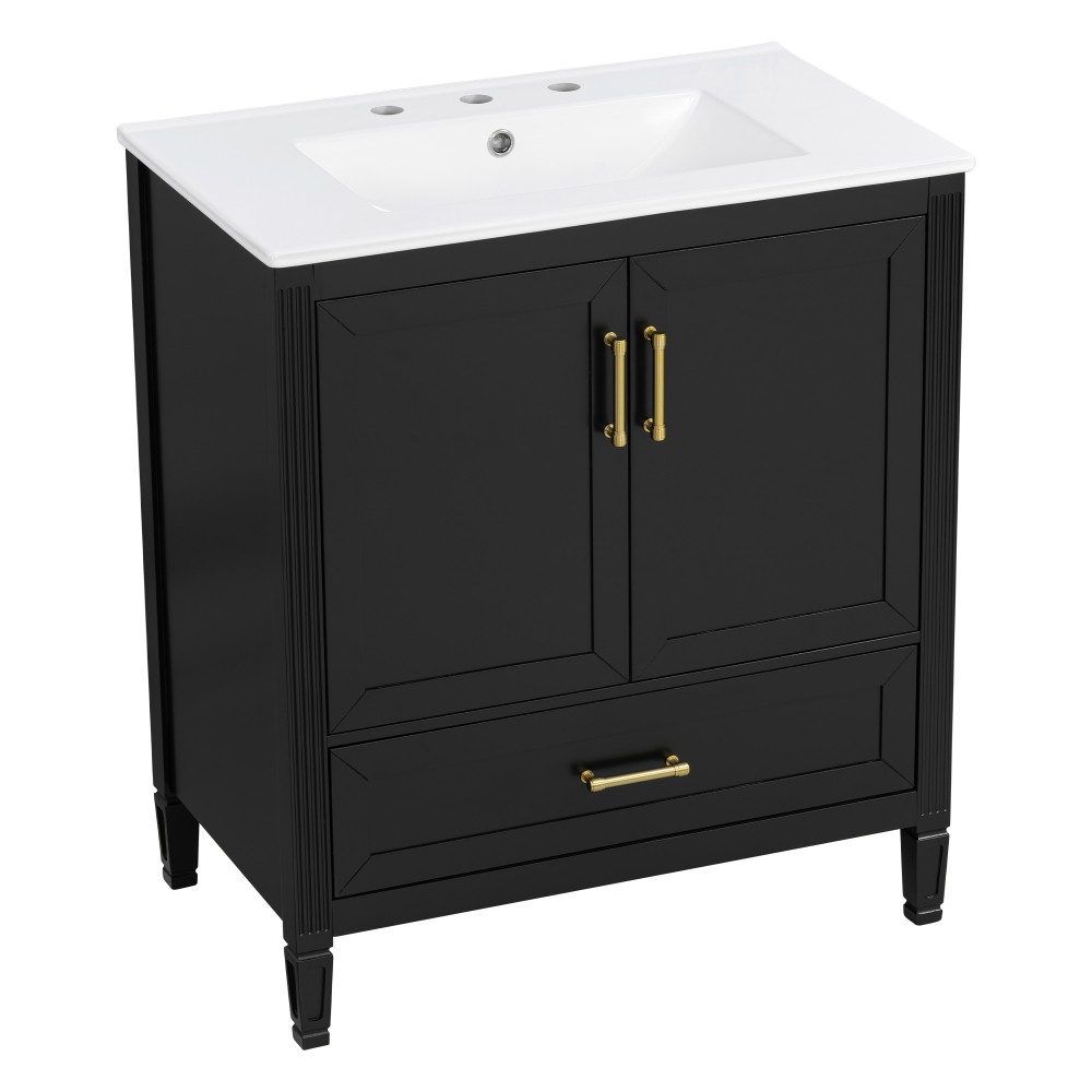 30 Inch Fluted Black Bathroom Vanity with Ceramic Sink Soft-Close Doors Drawer