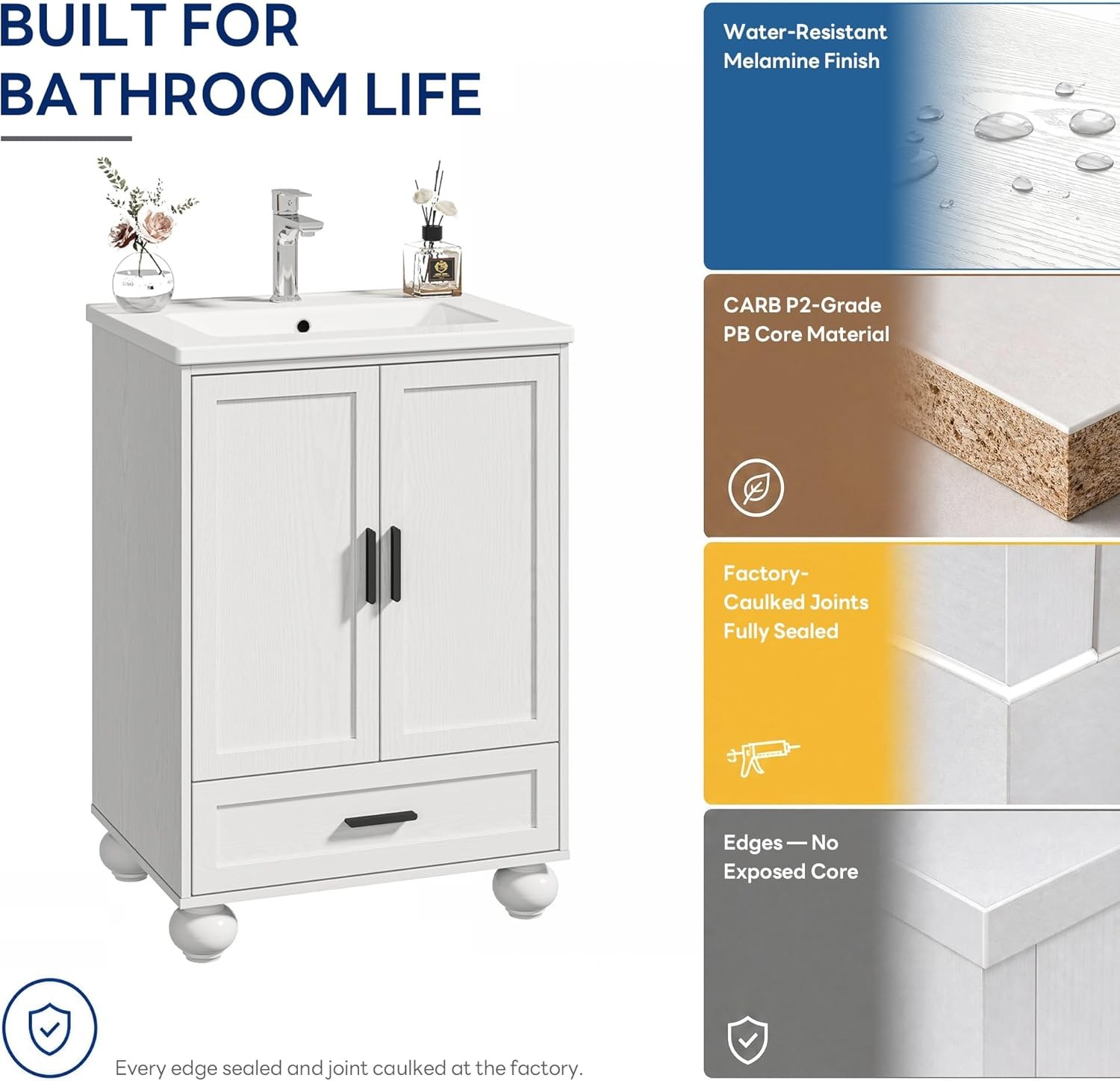 24″ Bathroom Vanity with Ceramic Sink, Small Bathroom Storage Cabinet, 2 Doors