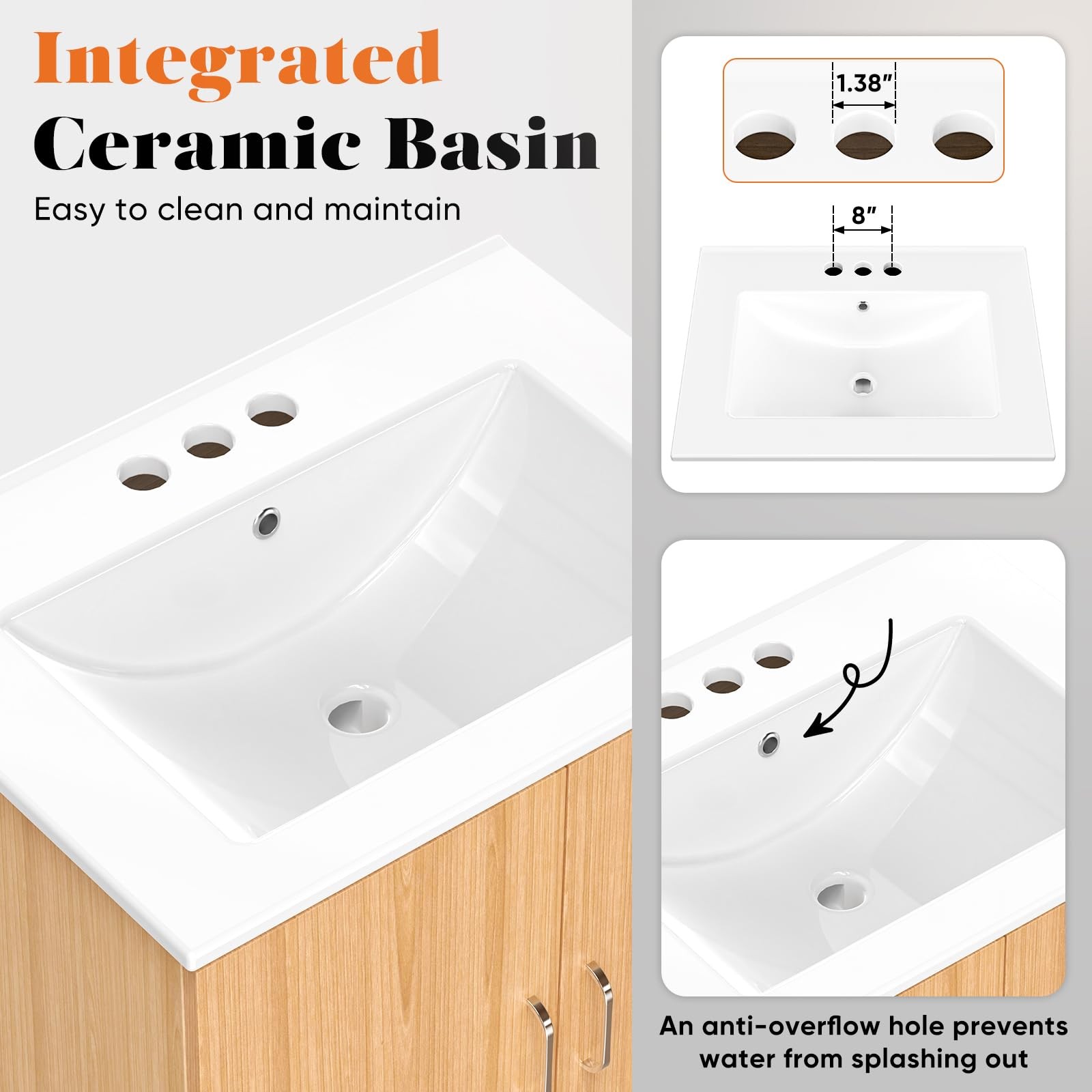 DUMOS 24″ Modern Bathroom Vanity with Ceramic Basin, Undermount Sink Cabinet …