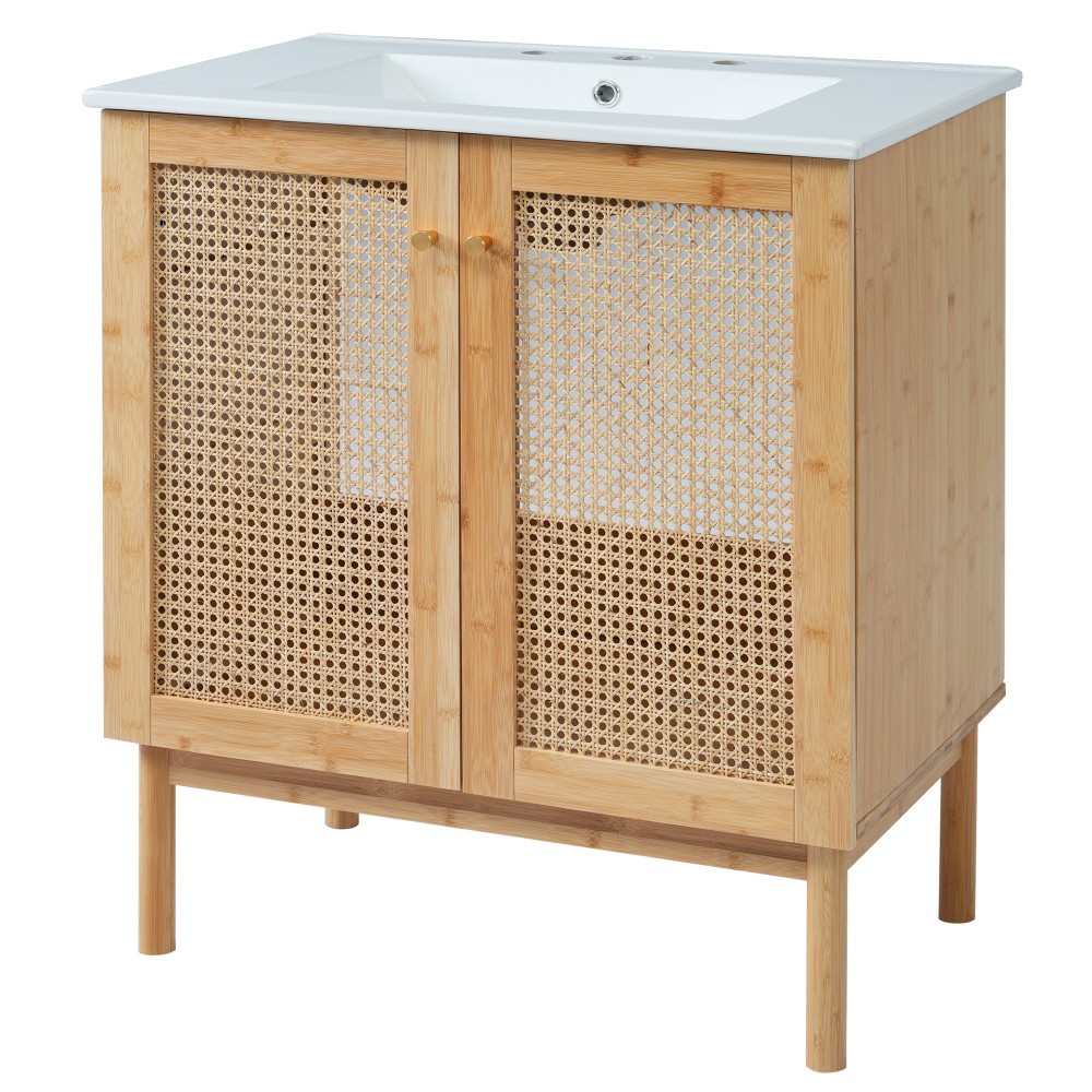 30″ Bath Vanity Ceramic Sink Soft Close Handwoven Rattan Doors Storage Cabinet