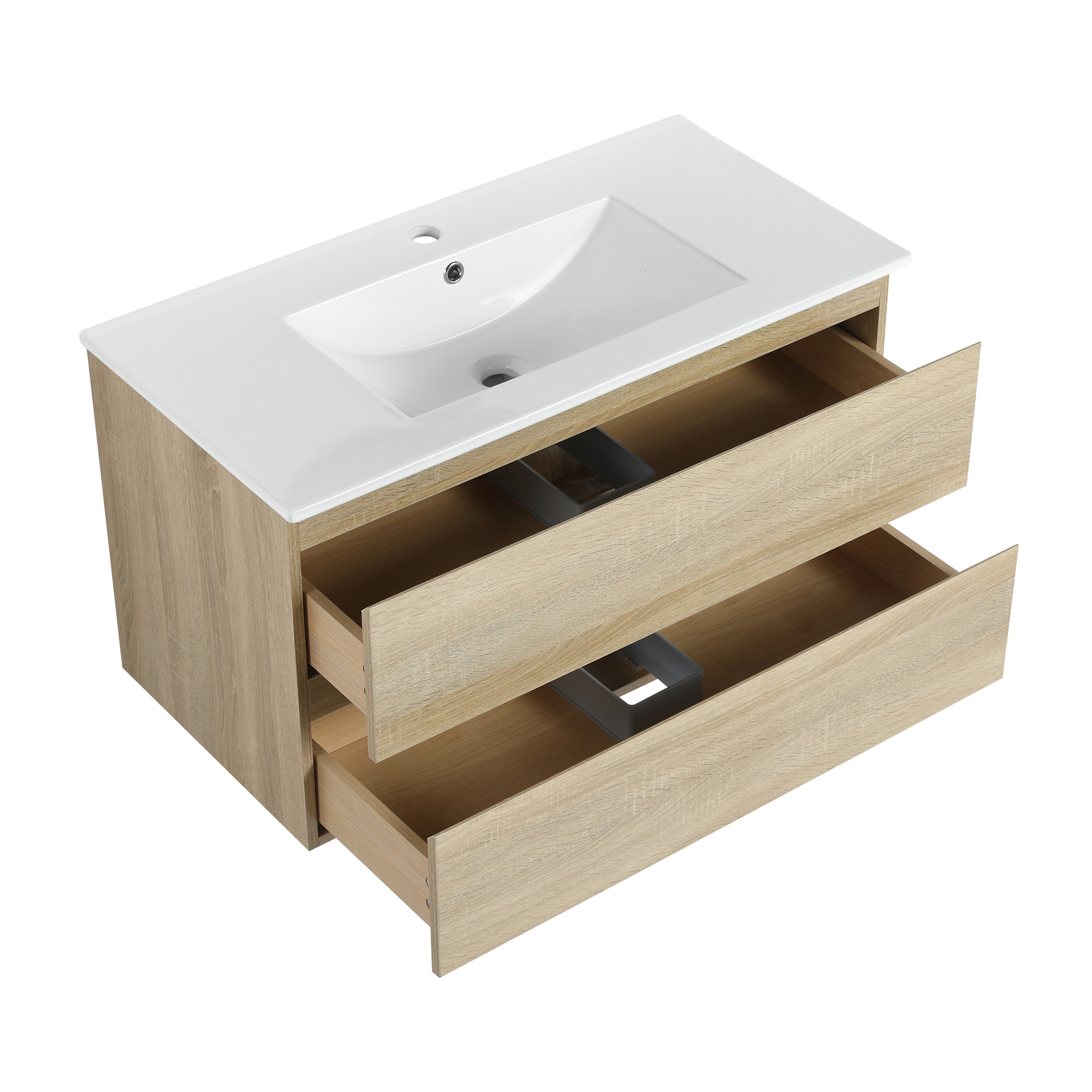 36″ Wood Wall Mounted Bathroom Vanity W/ 2 Drawers +Ceramic Sink Basin Light Oak