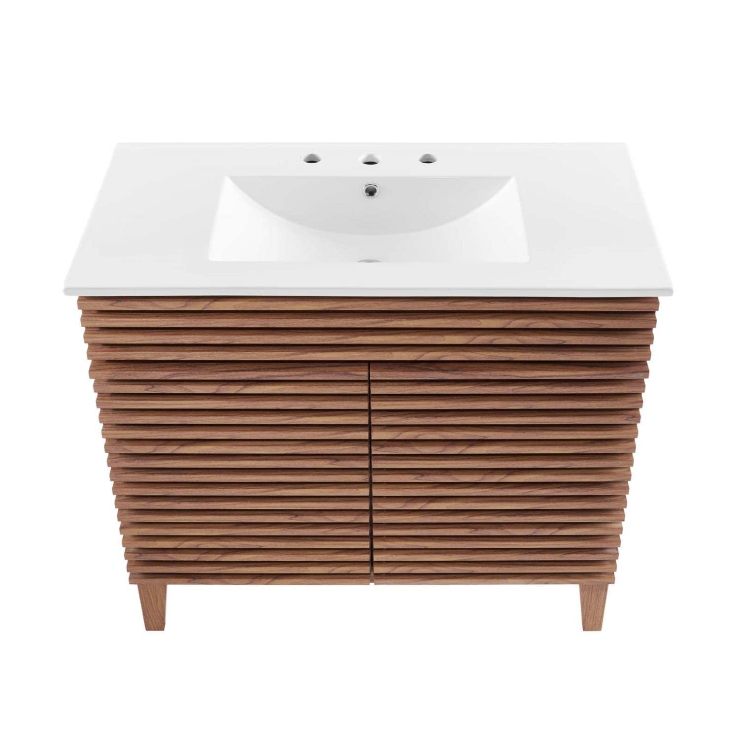 Modway Render 36″ Modern Wood and Ceramic Bathroom Vanity in Walnut/White