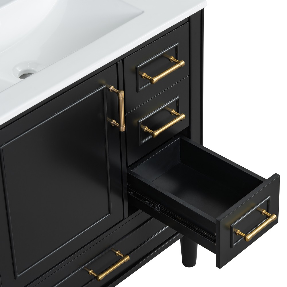 30 in Bathroom Vanity Ceramic Sink Soft Close Door 3 Drawer Gold Handle Storage