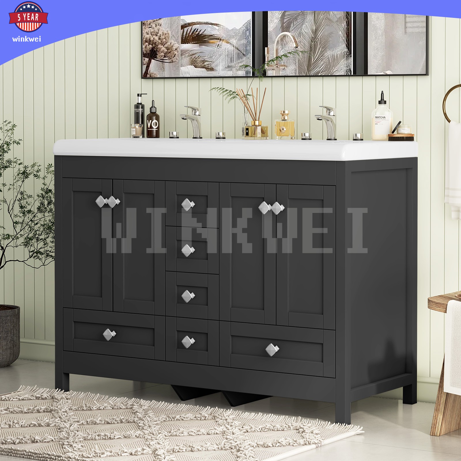 47.3″ Bathroom Vanity Cabinet w/ Double Ceramic Sinks ,2 Doors, 6 Drawers Black