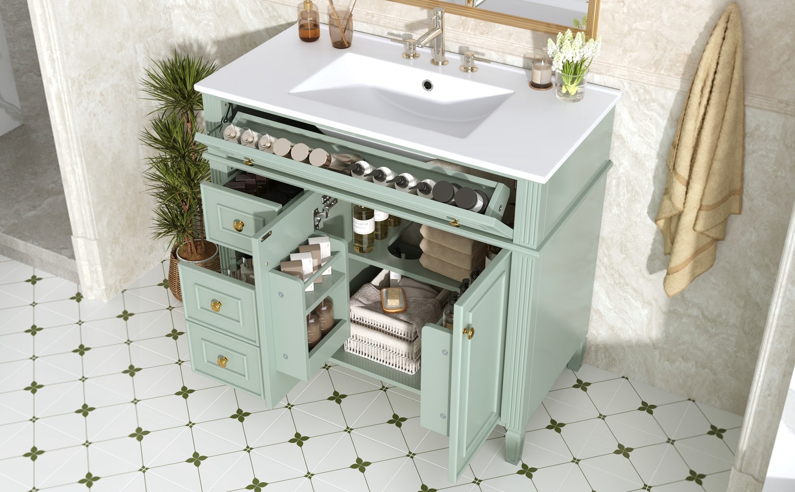36 Inch Bathroom Vanity with Sink, Green Solid Wood Cabinet, Gold Handles