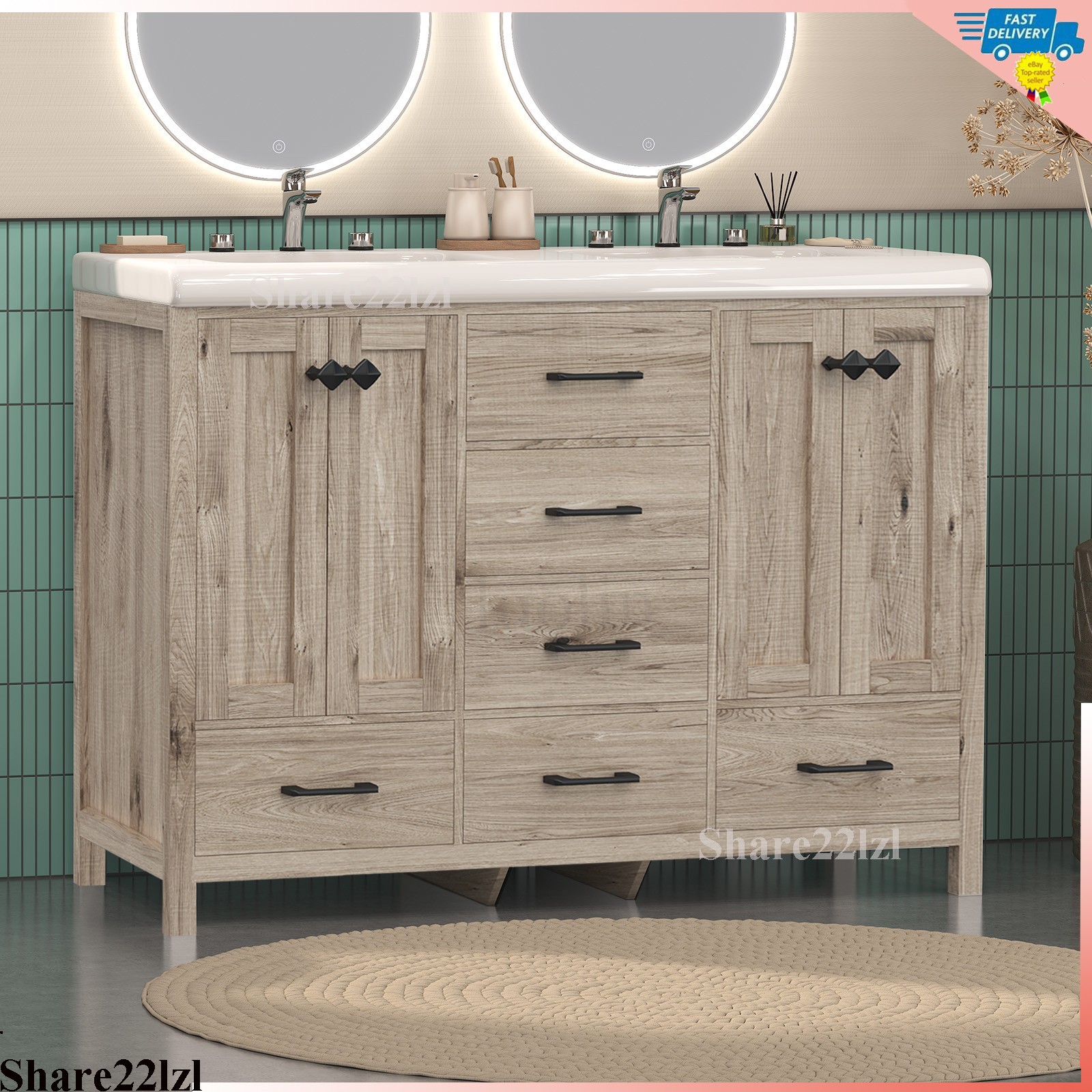 47″ Bathroom Vanity Set Double Sink Ceramic Freestanding Wood Cabinet w/ Drawers