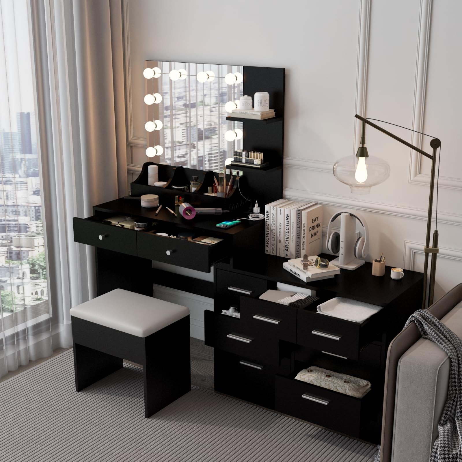 Vanity Table Dresser w/ Light Mirror Charging 10 LED Stool Drawers Shelves Black
